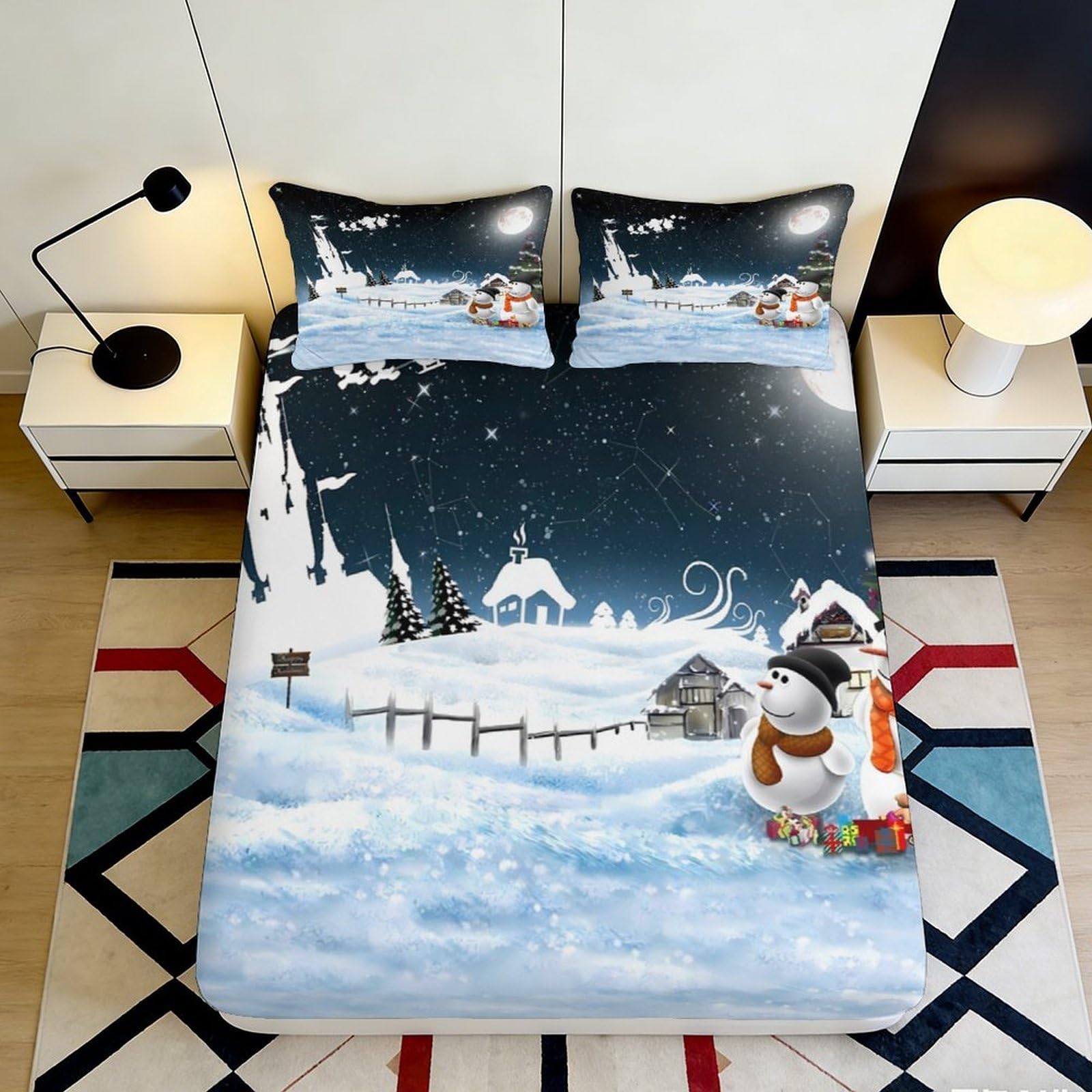 Pnayamiorkfel Style-9 3D Printed Snowy Night Village Fitted Sheet Microfiber Soft Winter Snowman Bed Cover For Bedroom Guest Room Decor 90X200x25cm