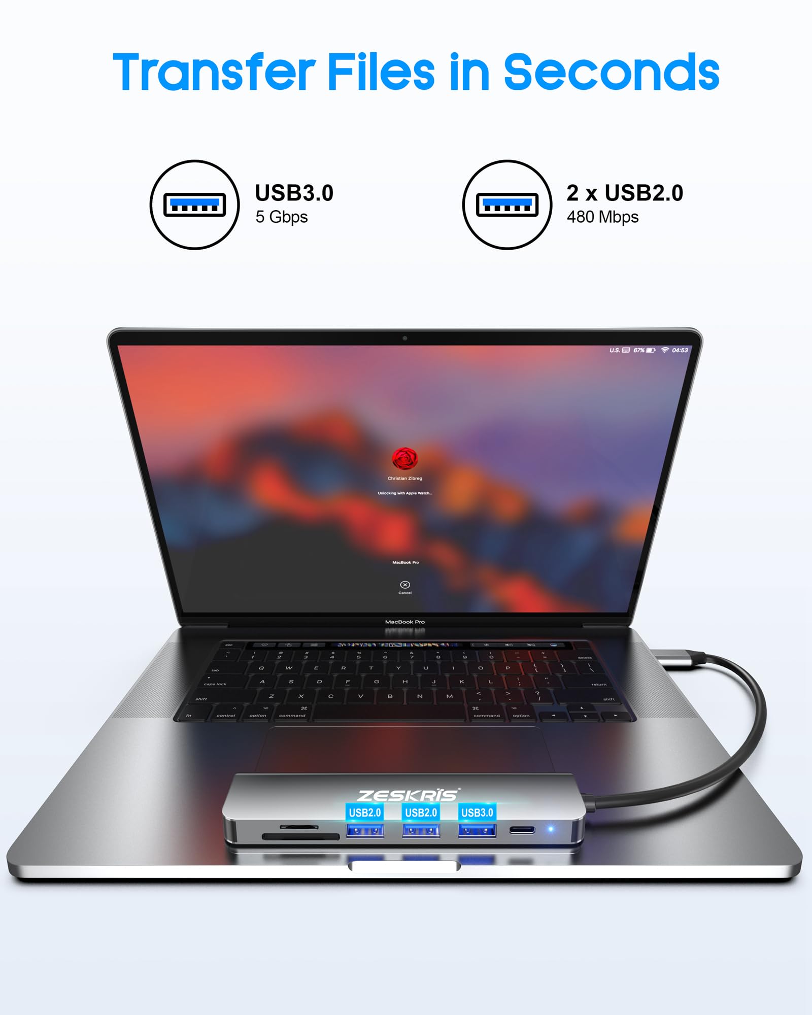 Hub USB C ZESKRIS, adattatore USB C a HDMI 7-in-1 con HDMI 4K, 100W PD, 1*USB 3.0, 2*USB 2.0 e lettore di schede SD/TF, splitter multiporta compatibile con Macbook Air/Pro M1/M2, Surface Go