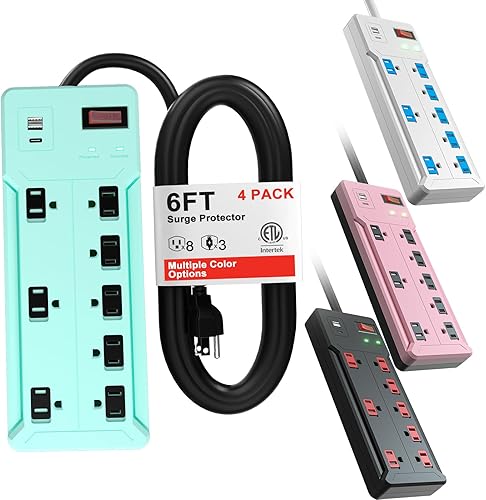 ACOHOOK - Paquete de 3 protectores de sobretensión, 8 salidas y 3 puertos USB, cable de extensión de 6 pies (1875 W15 A), 1200 julios, para el