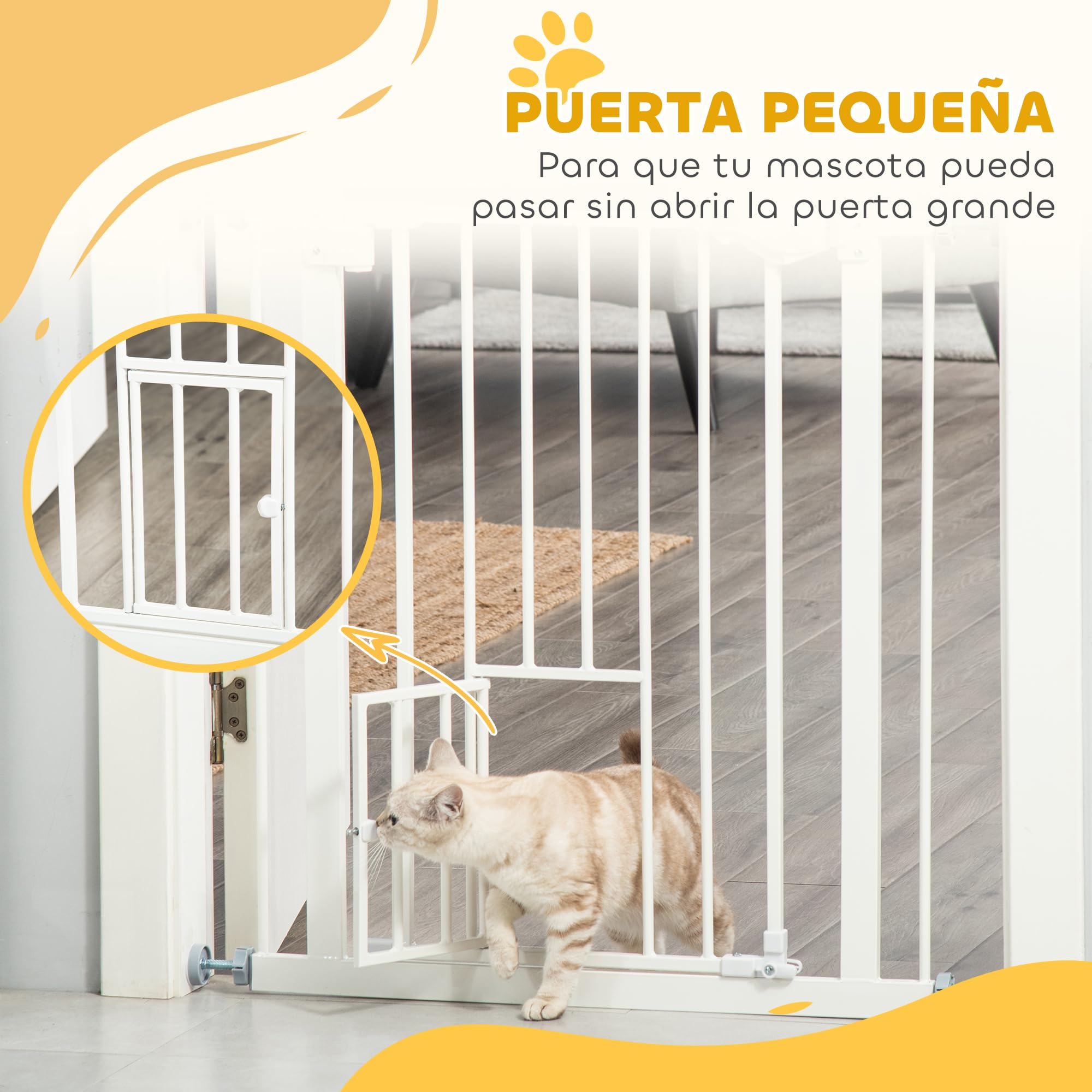 PawHut Barrera de Seguridad para Perros Barrera para Mascotas Extensible con Puerta Pequeño Cierre Automático y Sistema de Doble Bloqueo para Puerta Pasillo Escalera 74-80x76,2 cm Blanco