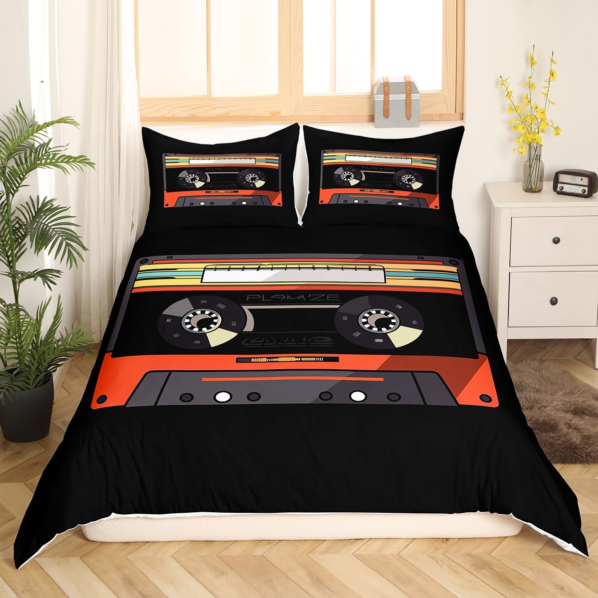 Homewish Cassette Tape Duvet Cover Double,Music Themed Bedding Set for Kids Boys Girls,Vintage Musical Acoustic Bedspread Cover,Audio Rhythm Bedding Set including 2 Pillow Cases,Orange Black - Image 3