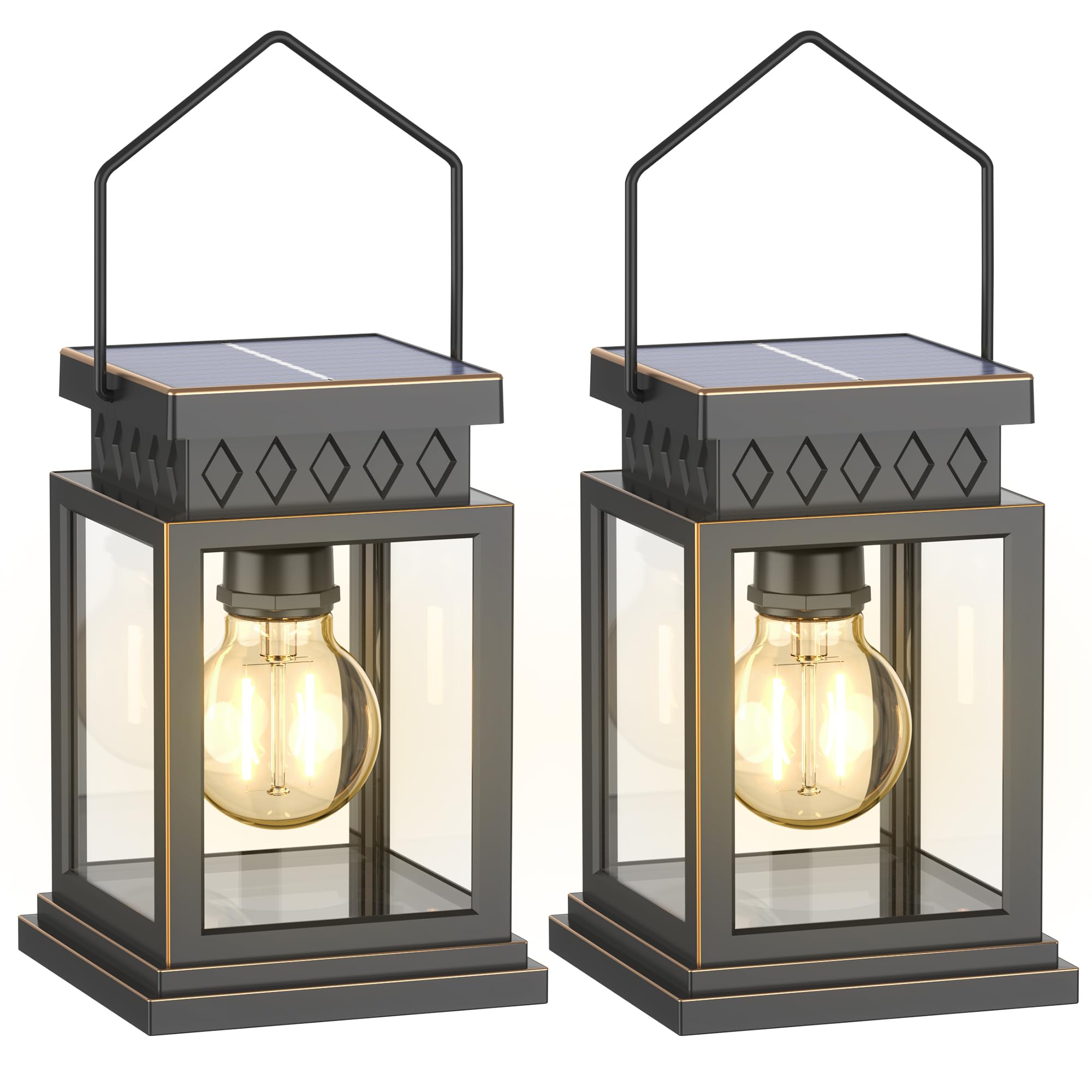 Paquete de 2 linternas solares de granja, bombilla solar de cristal, impermeable para exteriores y 2 pilas AA, para porche exterior, patio y mesas de interior, repisa.