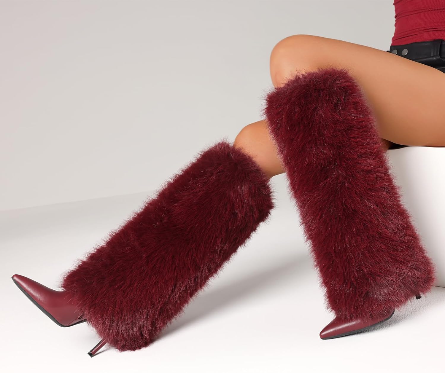 Kalstage Women Fur Knee High Boots Heels Wide Calf Fold Over Tall Boots for Party Evening Fashion Shows - Image 3