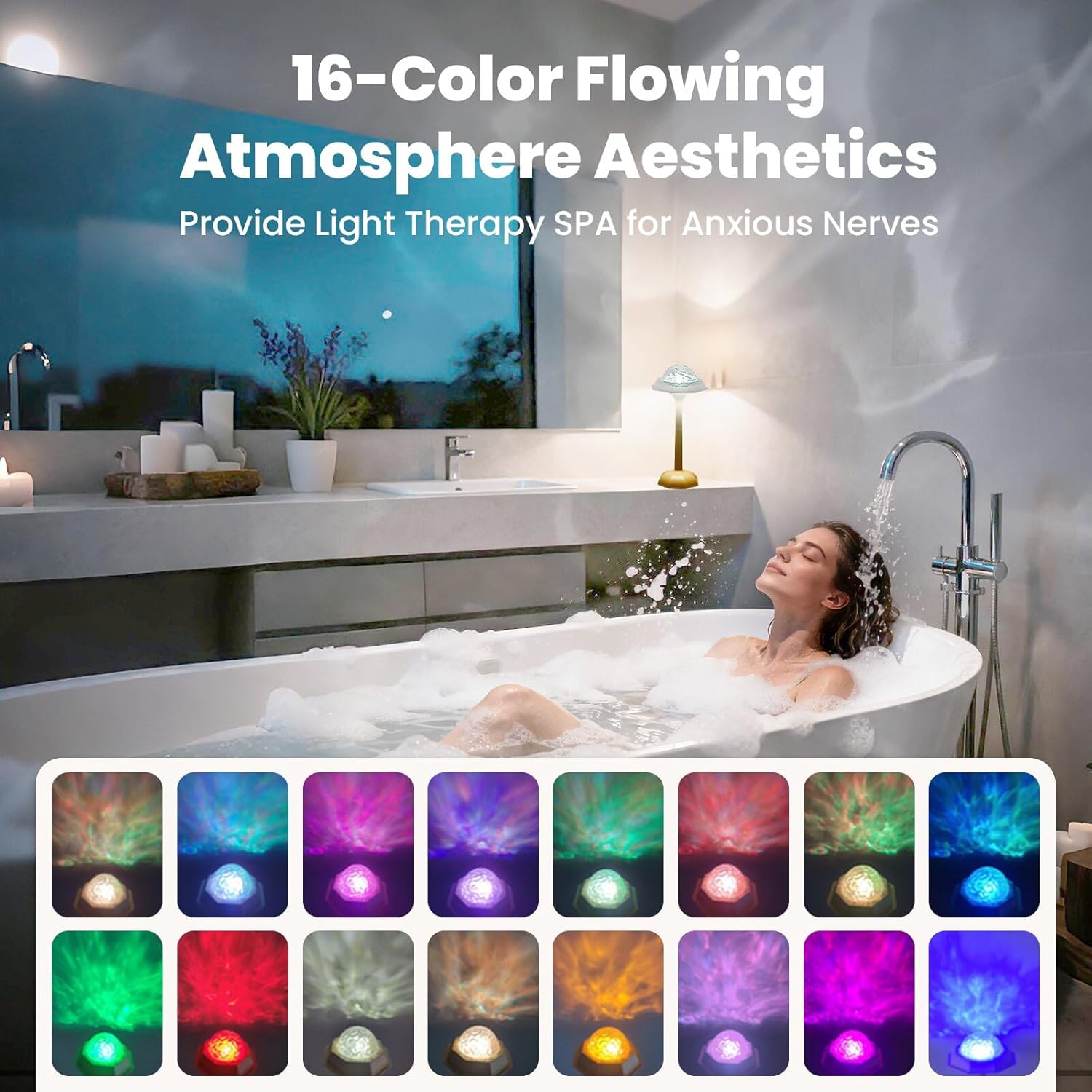 Spa-Like Shower Lamp Waterproof Bathroom Lamp Ocean Wave Projector Light with 16 Colors Changing Rechargeable Remote Control & Touch Northern Lights Projector,Cordless Light for Inside Shower