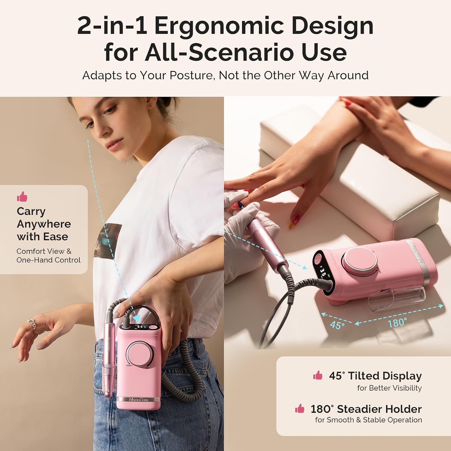 MelodySusie Portable Clip-On Rechargeable Nail Drill with Tilted Display Design, SM320G 35000RPM High-Efficiency E-File for All Manicure Shaping & Gel Removal, Perfect for Advanced Home & Salon Use