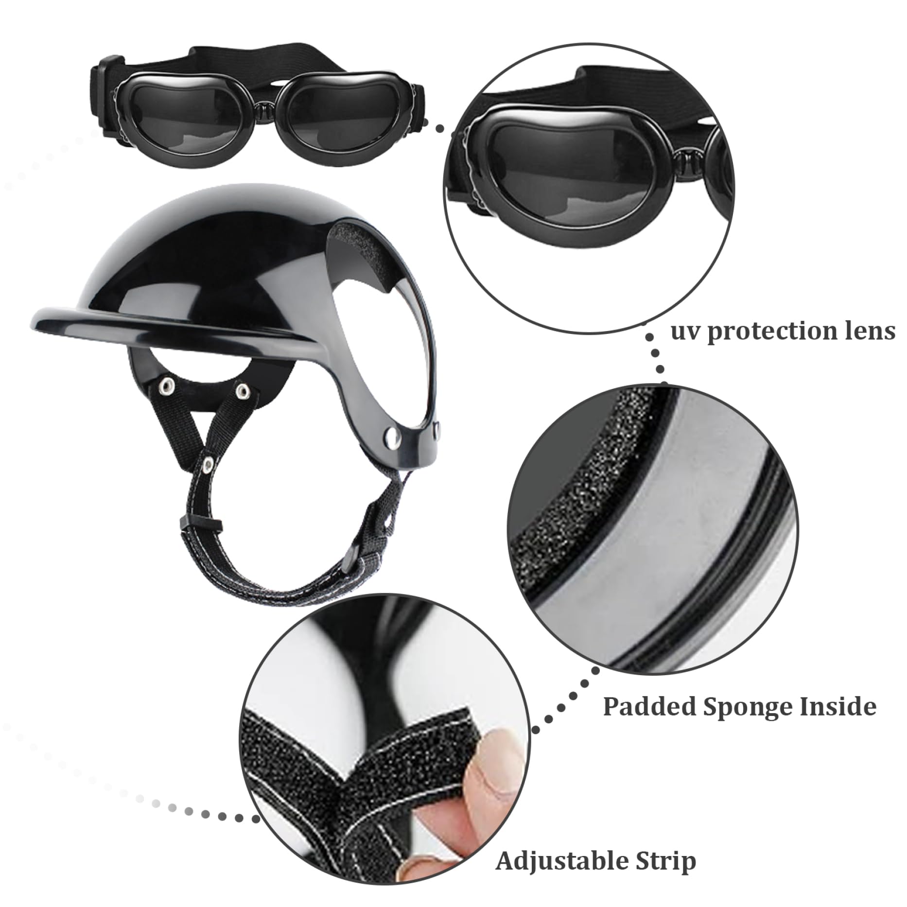 Casque pour Chien, Casque et Lunettes pour Chien 2 pièces/Ensemble dôme de mentonnière réglable avec Trou d'oreille Coupe-Vent Lunettes décoratives élégantes Fournitures pour Animaux de Compagnie