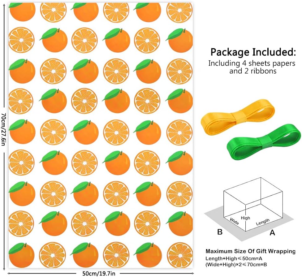Fruit Wrapping Paper - Orange Print on White Gift Wrapping Paper and Ribbon Set, Cute Citrus Junos Design For Women Men Baby Shower Holiday Birthday Gift Wrap - (4-Sheets, 1-Designs: 15 sq. ft. ttl) - Image 2