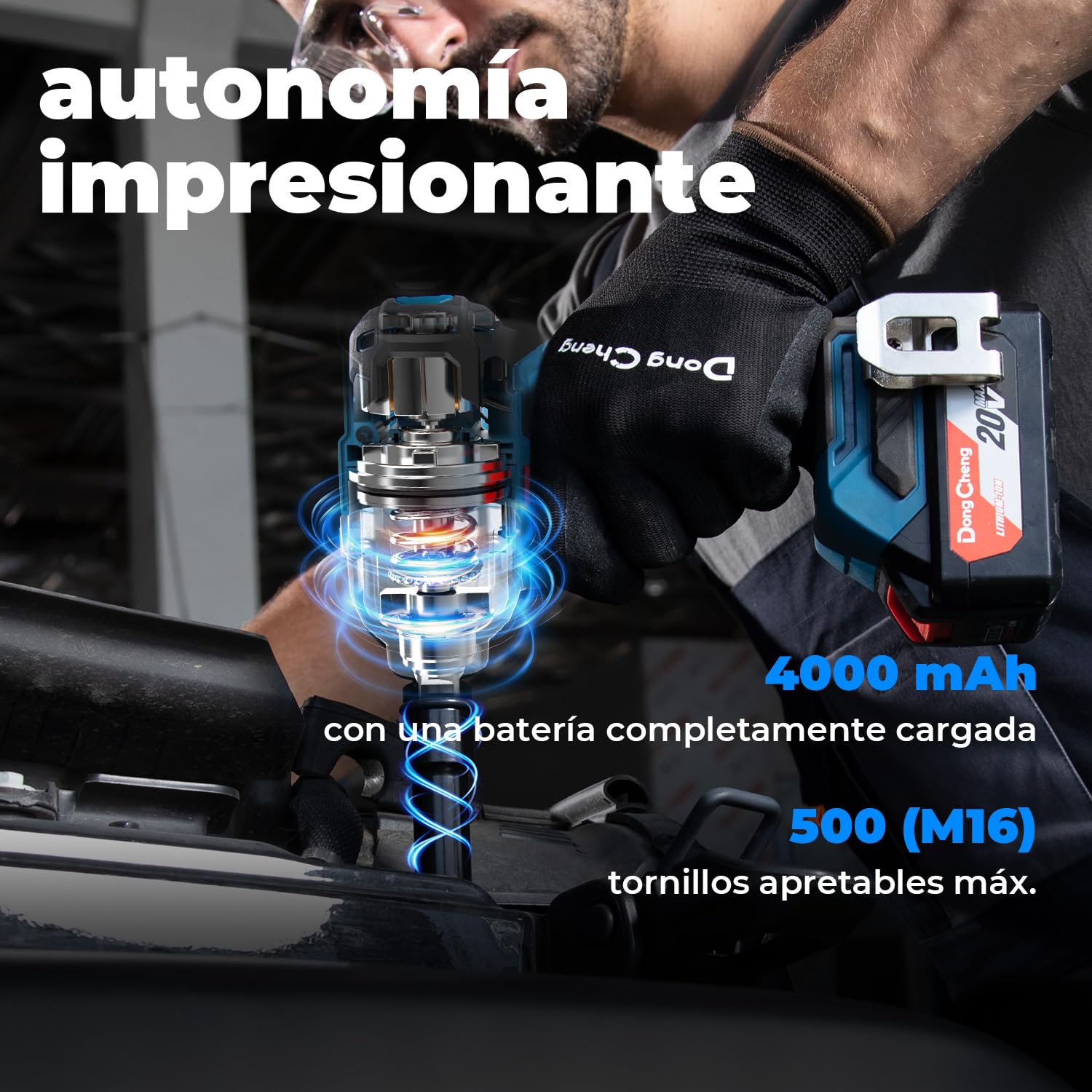 Dong Cheng Llave de Impacto Inalámbrica Brushless 18V con Batería de 4.0Ah, 488N.m alto par, 1/2", transmisión de 3 velocidades, Adecuado para automoción y bricolaje