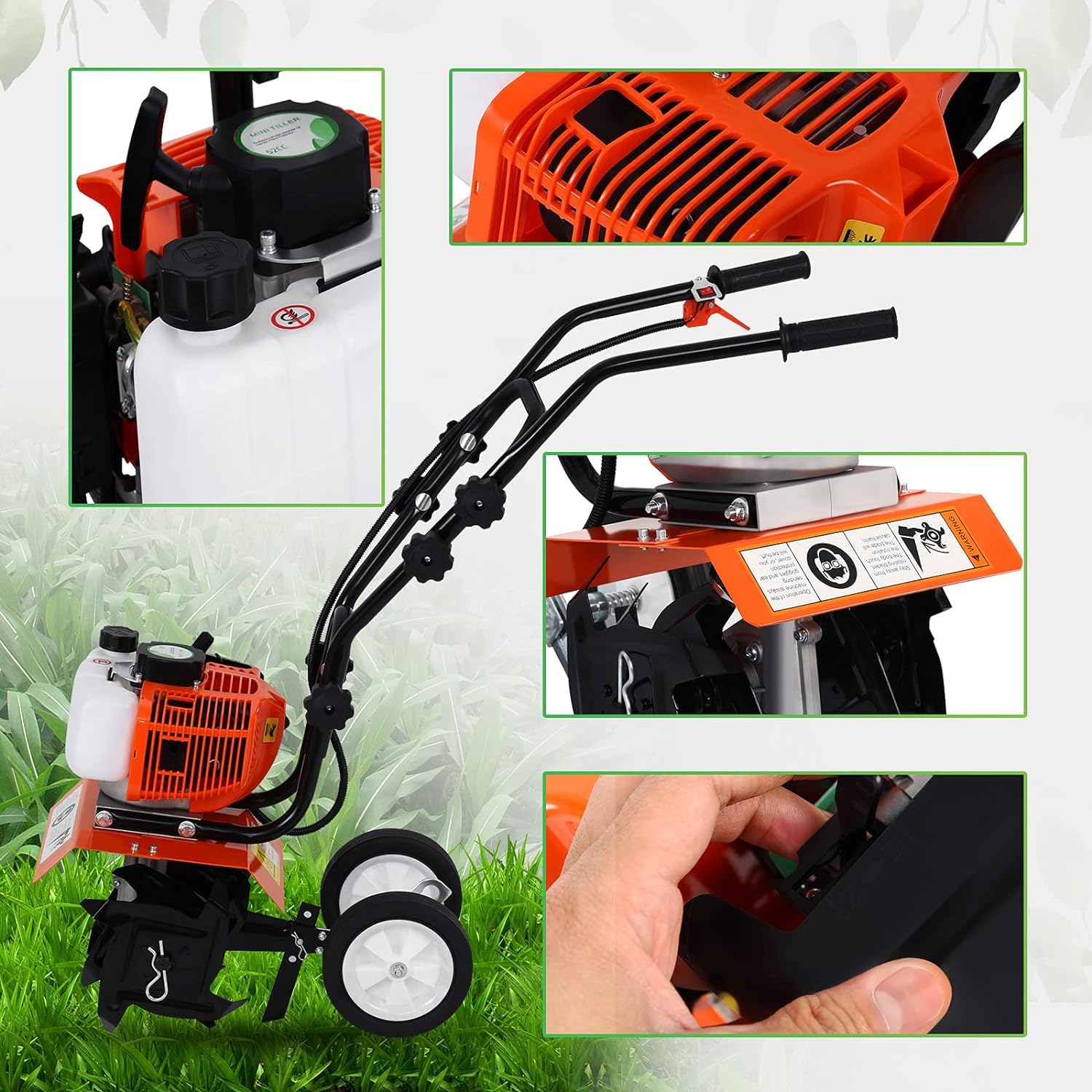 52CC Motoculteur Thermique Essence, Léger 2 Temps Cultivateur Motoculteur, Petite Taille Motobineuse Essence avec Moteur Puissant, Cultivateur à Roue, Facile à démarrer et à Utiliser