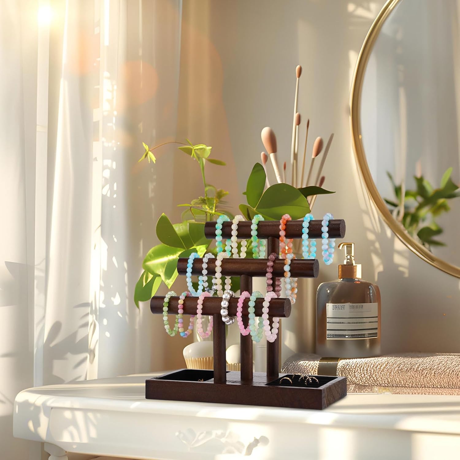 Kigeli Wooden Bracelet Holder Stand, Bracelet Display with 3 Tier, T-bar Bangle Storage Organizer Showing Bracelets Necklaces and Watches Rings for Home Vendors Craft Shows and Store - Image 6