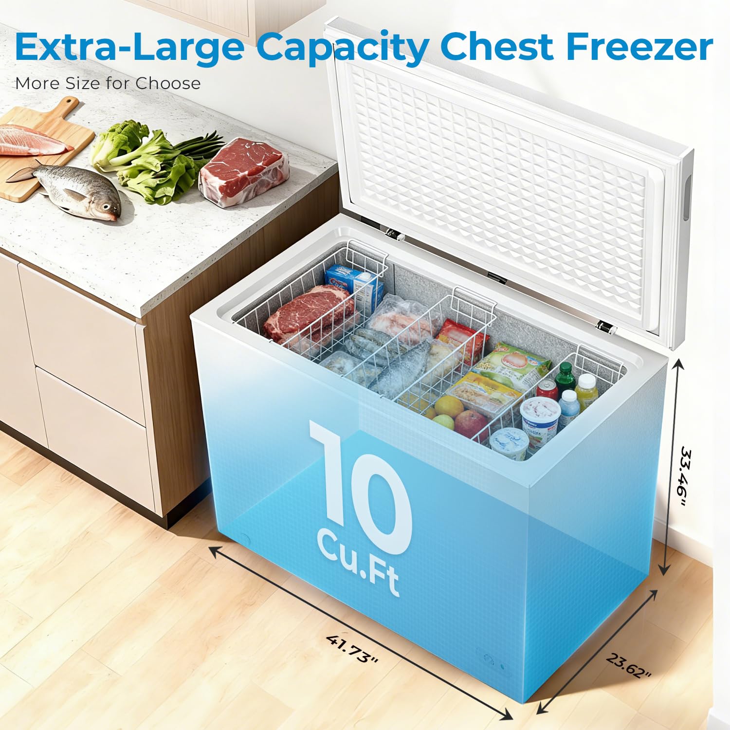 Antarctic Star Chest Freezer 10.0 Cubic Feet Compact Freezer With 3 Removable Baskets, Free Standing Top Open Door Deep Freezer, 7-Level Adjustable Temperature, White on Fridge.com - View 2