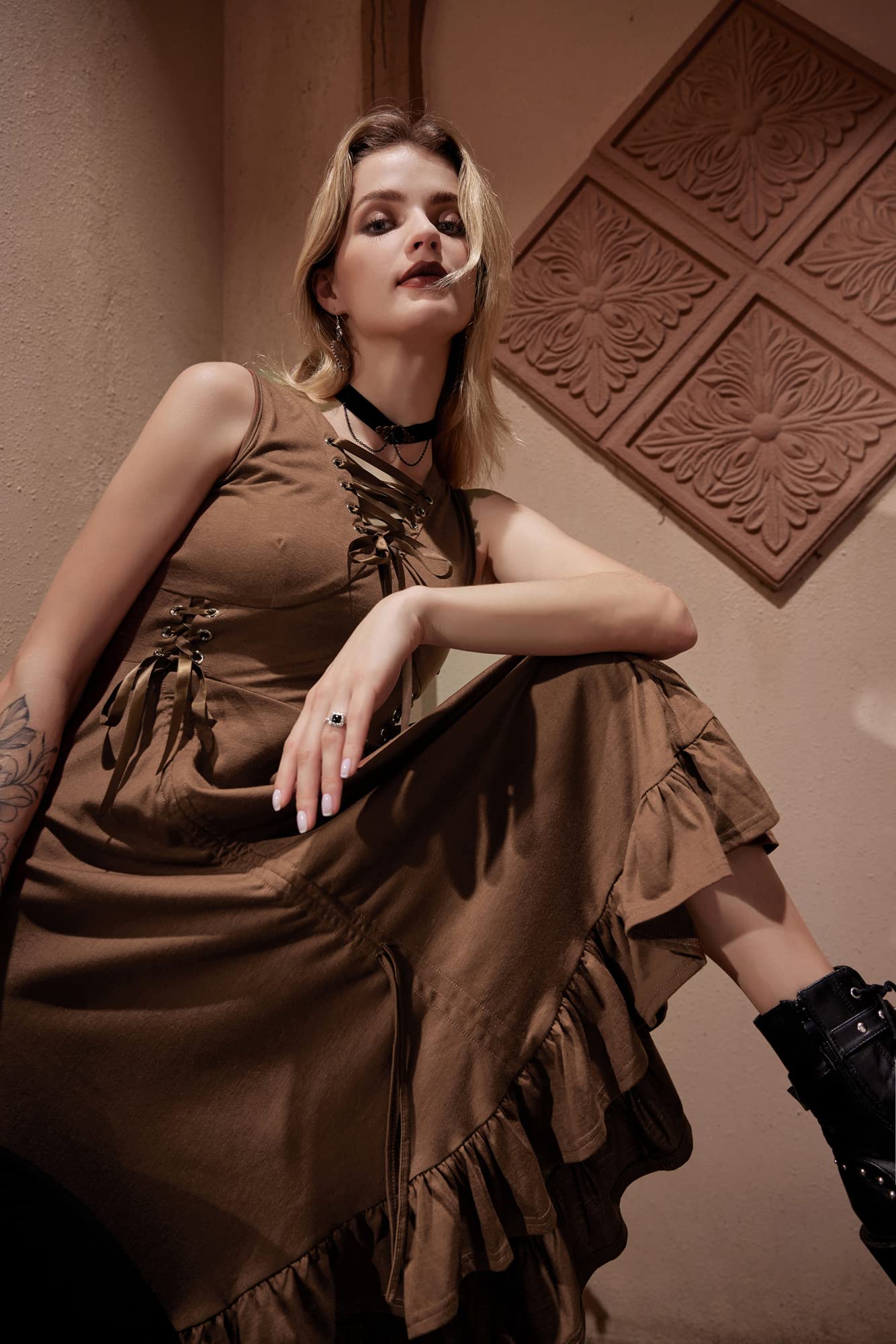 Scarlet Darkness Renaissance Steampunk Dress Lace Up High Low Dress Pirate Costume