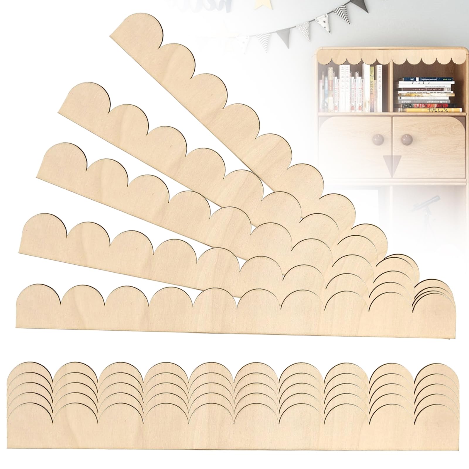 Unfinished Scalloped Decorative Wood Trim, 10 PCS 40×4 cm DIY Painted Scallop Moulding for Wall Decorative Plywood Molding with Scalloped Edge for DIY Crafts Windows