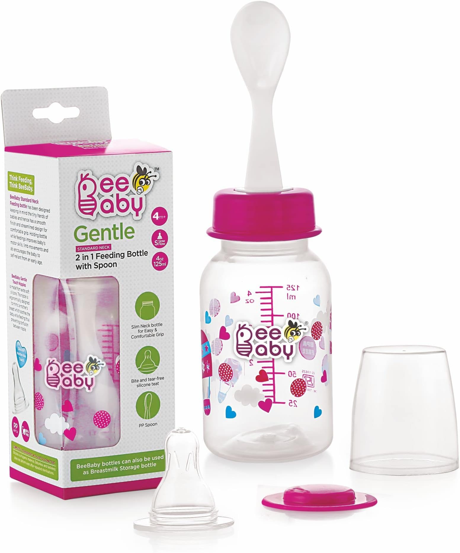 Gentle 2 in 1 Polypropylene Standard Neck Baby Feeding Bottle with Feeder (Plastic) Spoon. (Pink, 125ml)