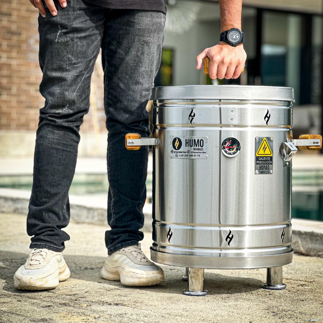 Barril Barbacoa Pequeño12 Libras (6 kilos)- Acero Inoxidable 304 y 430, Cocción sin Humo - Incluye Parrilla, Ganchos, Cenicero y Termómetro - Hasta 6 Personas