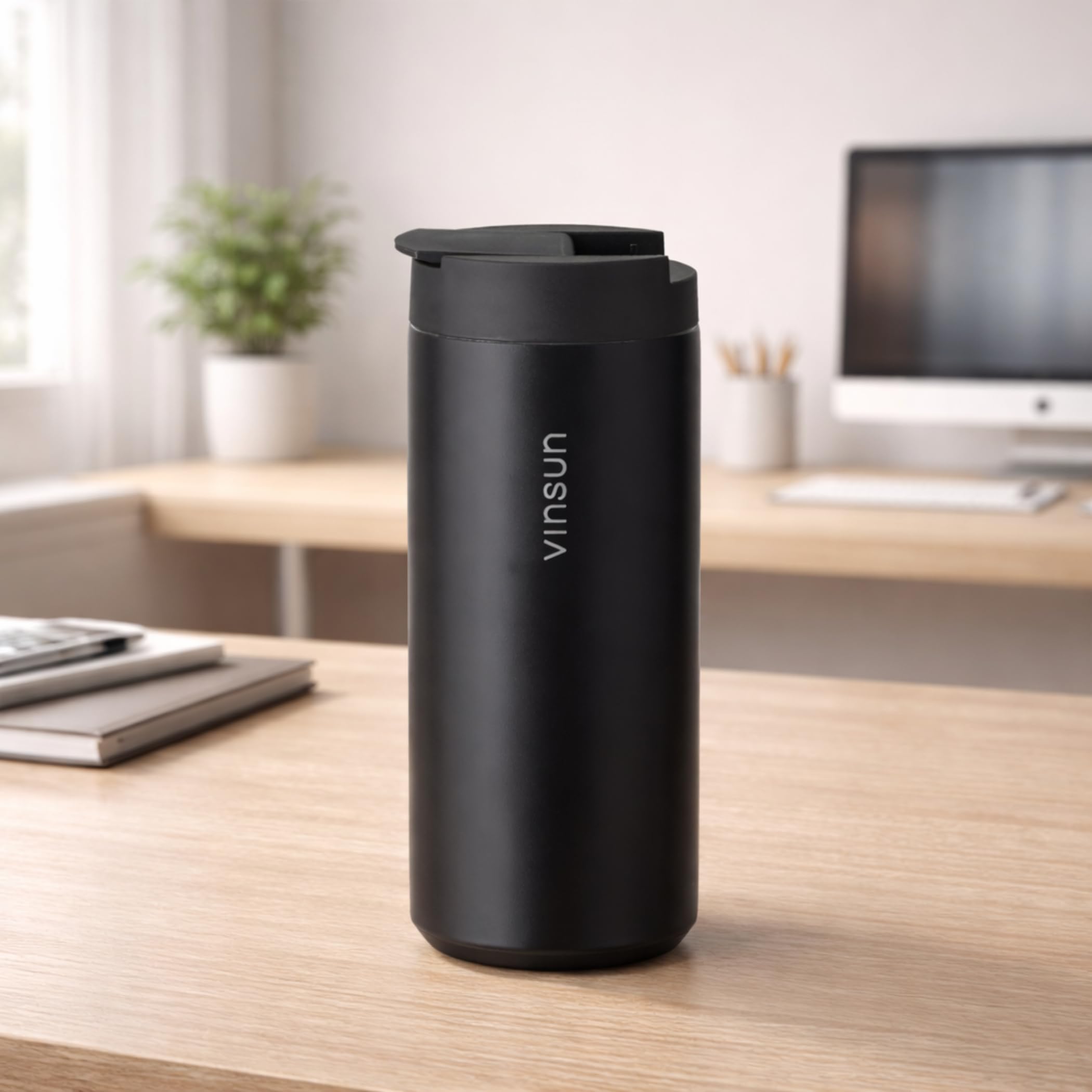VINSUN Tazza Termica Caffe Viaggio 350ml - Acciaio Inox, a Prova di Perdite, Doppia Parete - Bevande Calde e Fredde - Bicchiere Termico con Coperchio