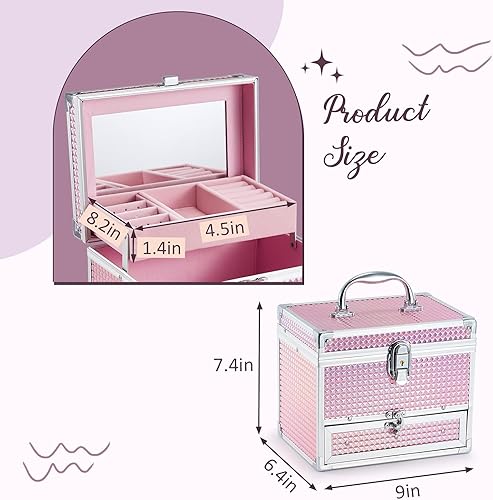 Miniatura 6 de Hododou Caja de maquillaje de joyería para mujer con espejo y bandeja con cerradura para cosméticos estuche de almacenamiento portátil para
