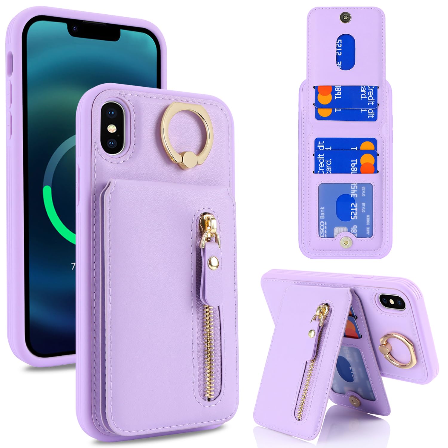 SailorTech iPhone X/XS Case with Card Holder, Ring Stand, Kickstand, Wallet - Purple - Image 2