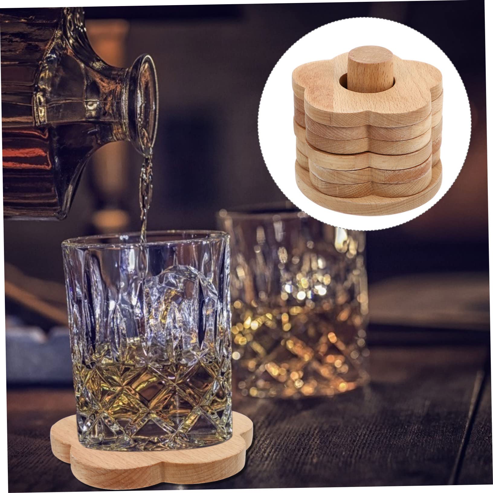 Posavasos de Madera Flor 7 Piezas Antideslizantes para Mesa | Color Caqui, Diseño Grueso, para Tazas de Té y Copas de Vino, Uso sobre Tablero
