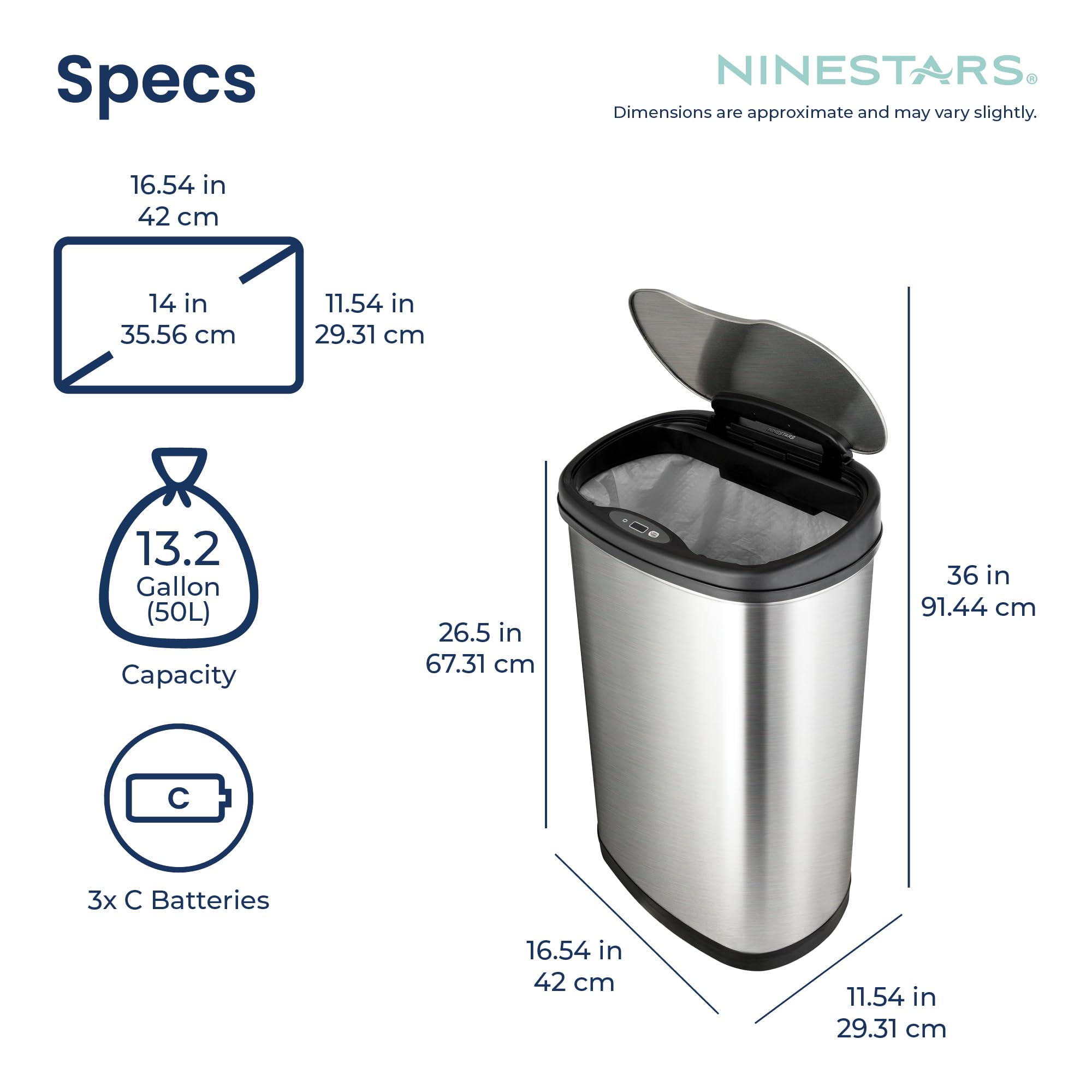 Motion-sensing 50L steel trash can with fingerprint resistance