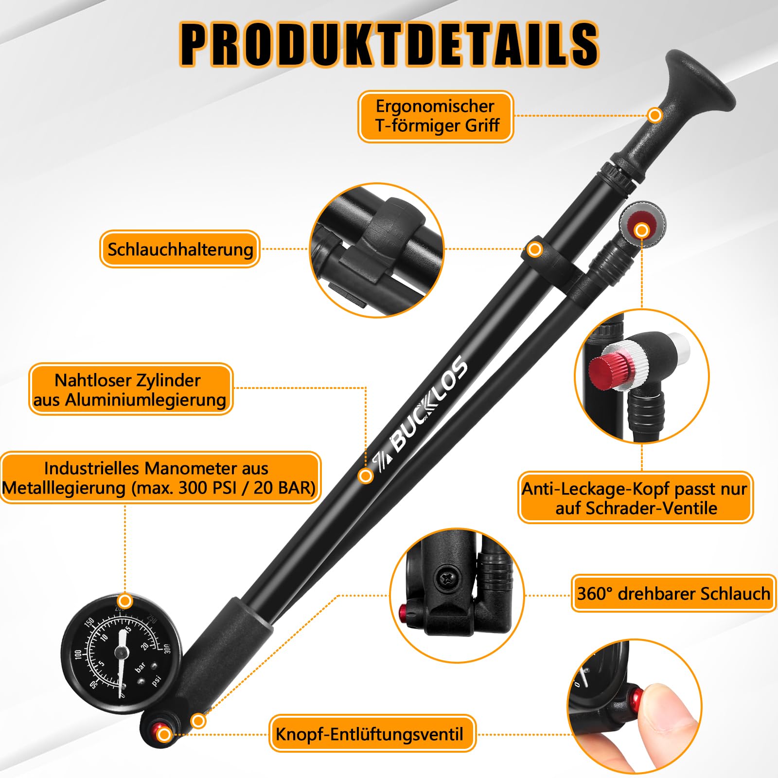 Pompe à choc pour VTT - Amortisseur à fourche à air 300 psi / 400 psi - Pompe d'amortisseur haute pression avec manomètre pour VTT / vélos de route - Pas de perte d'air - Outil de vélo