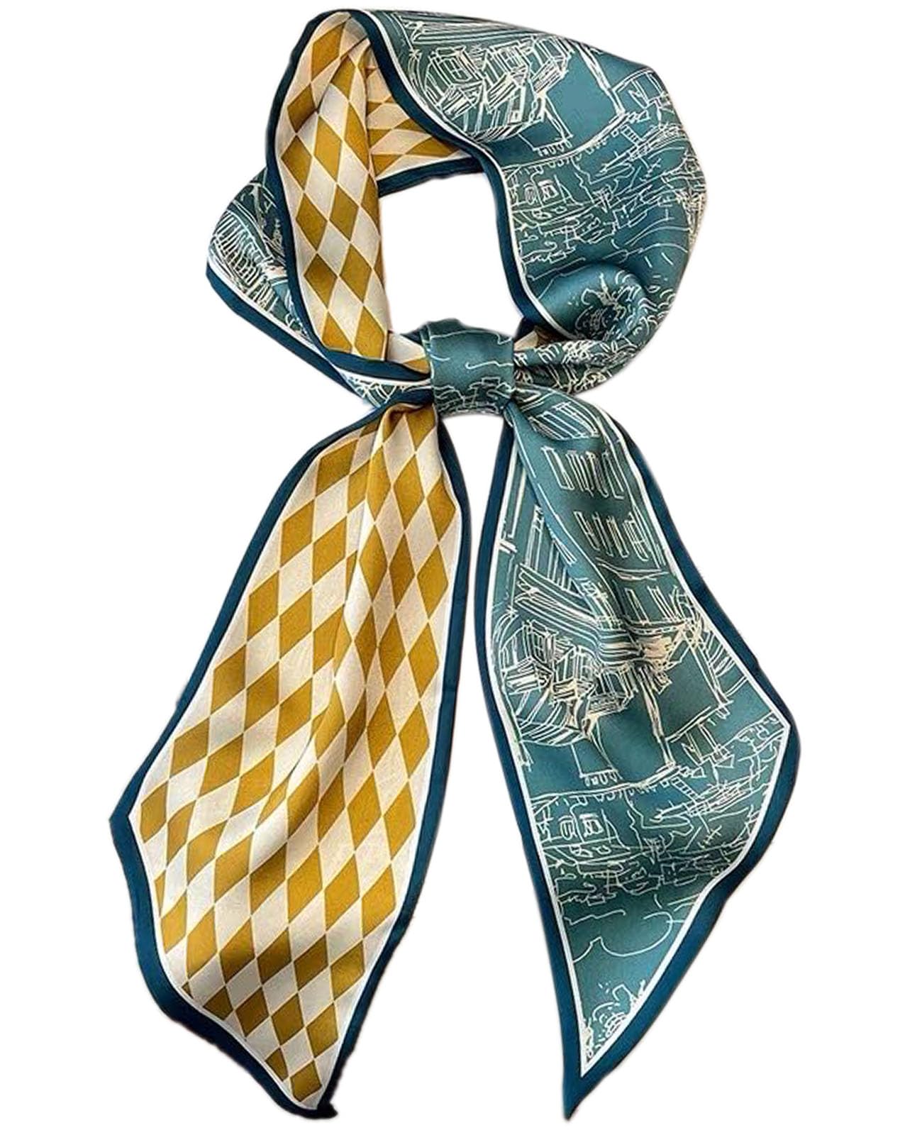 Clysoru Women's Multi-Color Silk Neck Scarf Printed Scarves Head Fashion Oblique Angle Satin Scarfs For Bag Hair 59” X 5.9” (Lake Green Street Turmeric Lattice)