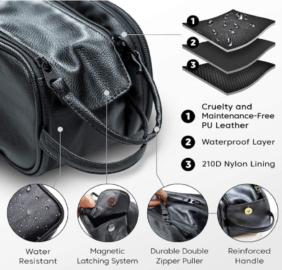 CONTACTS Neceser de piel sintética para hombres o mujeres | Kit Dopp para viajes | Organizador de artículos de aseo personal bolsa de cuero, negro, L, Accesorios de viaje
