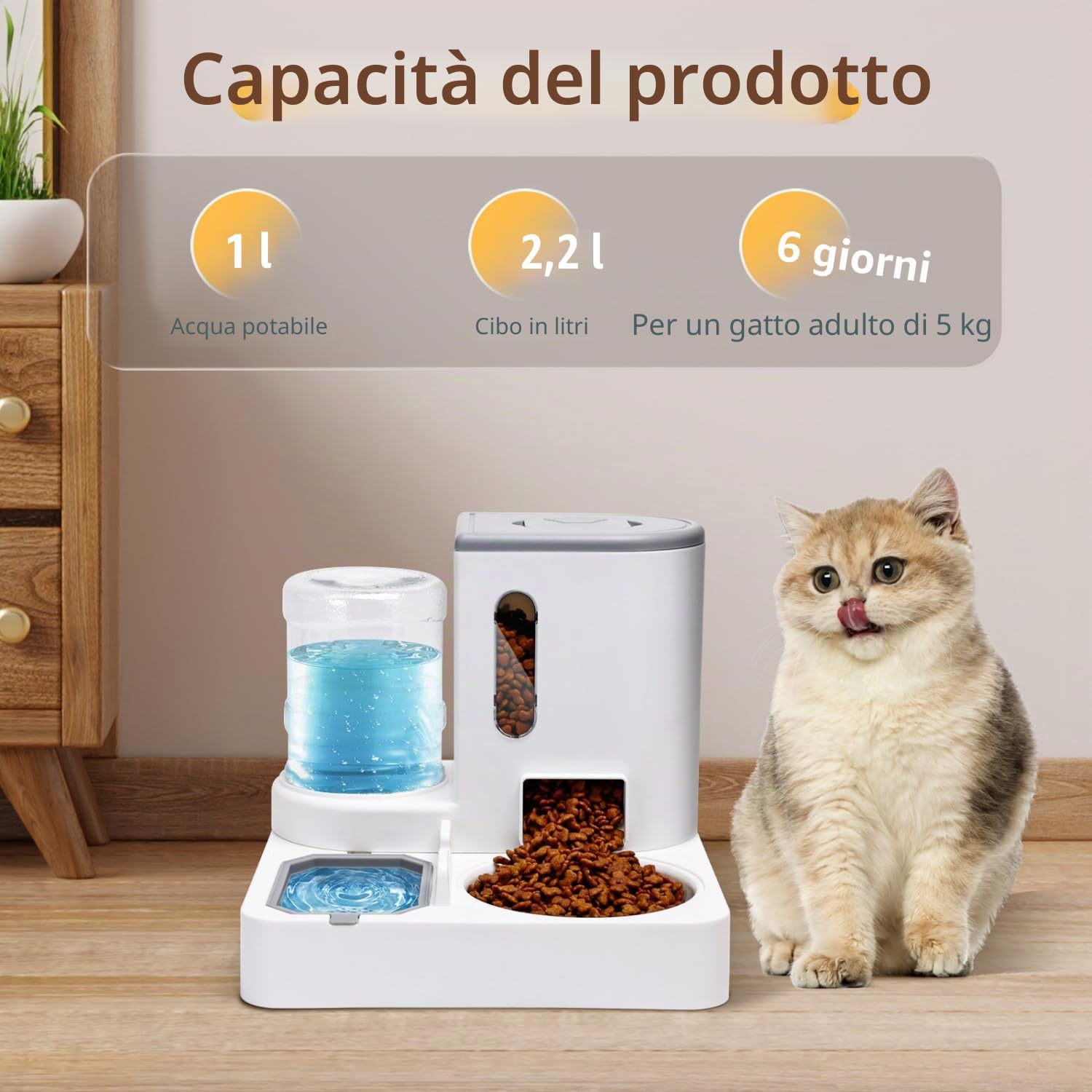 Nobleza Distributore Automatico e Distributore d'acqua per Gatti, Mangiatoia per Gatti a Gravità 2 in 1, 2,2L Dispenser Cibo Gatto e 1L Fontana d’Acqua, Dispenser Cibo Gatti Cani (Grigio)