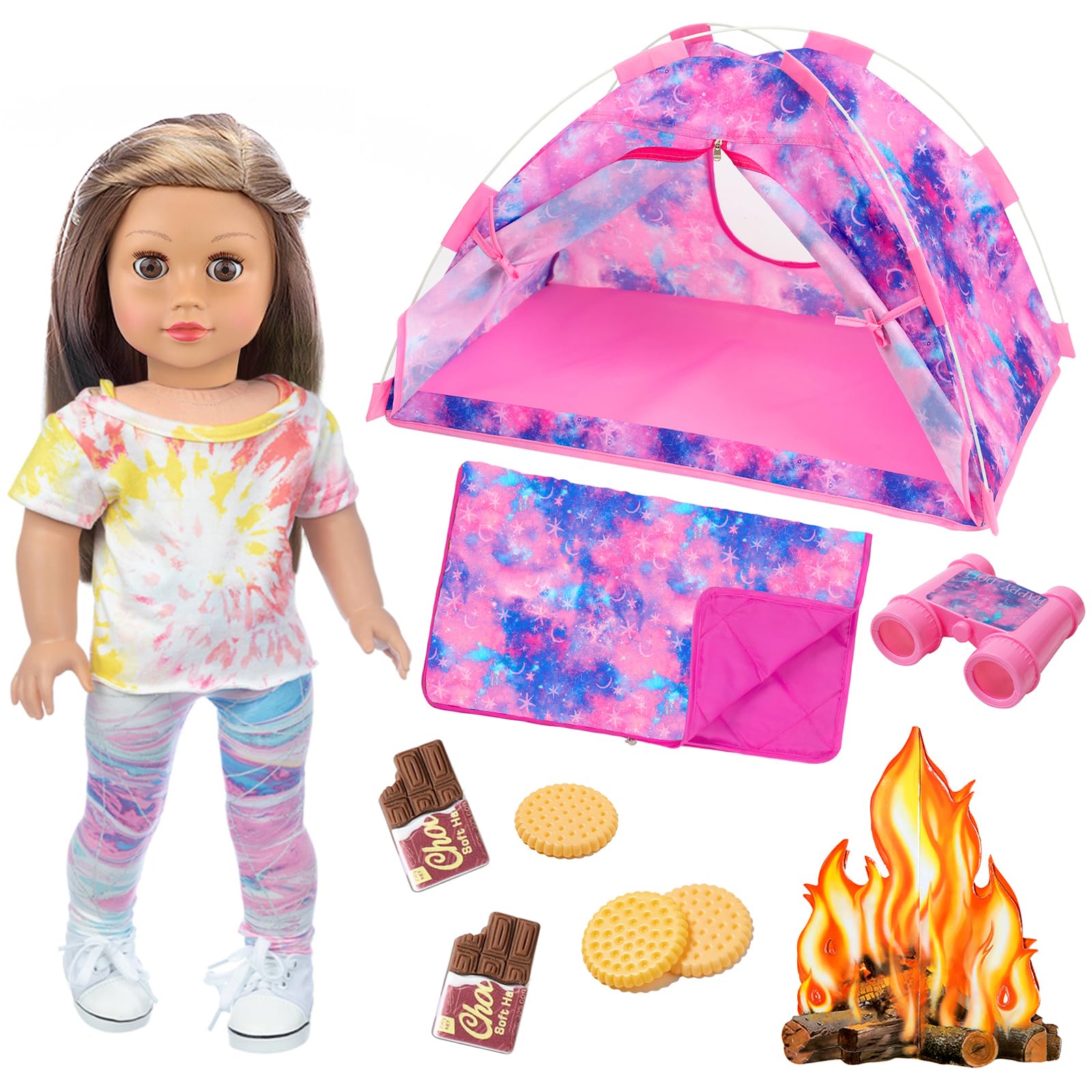 ZITA ELEMENT11 Items 18 Inch Doll Accessories Camping Tent Set - Including Doll Camping Tent Clothes Set Binoculars Campfire Chocolate Compressed Biscuit