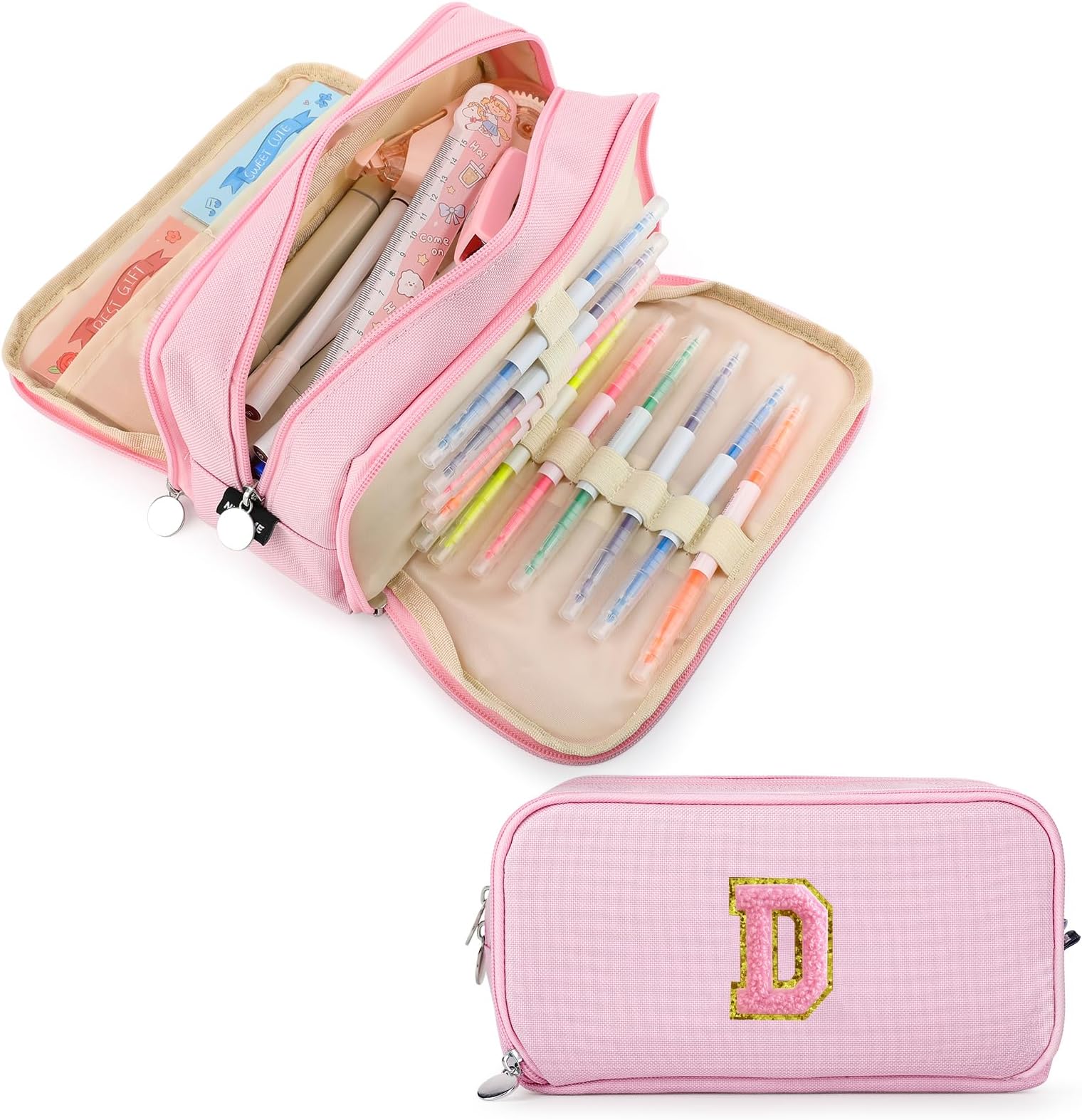 Extra Large Capacity Pencil Case 3 Compartment Initial Pencil Pouch Personalized Cute Aesthetic Stationery Pen Case Bag for School Teen Girl Boy Men Women Gift (D, Pink)