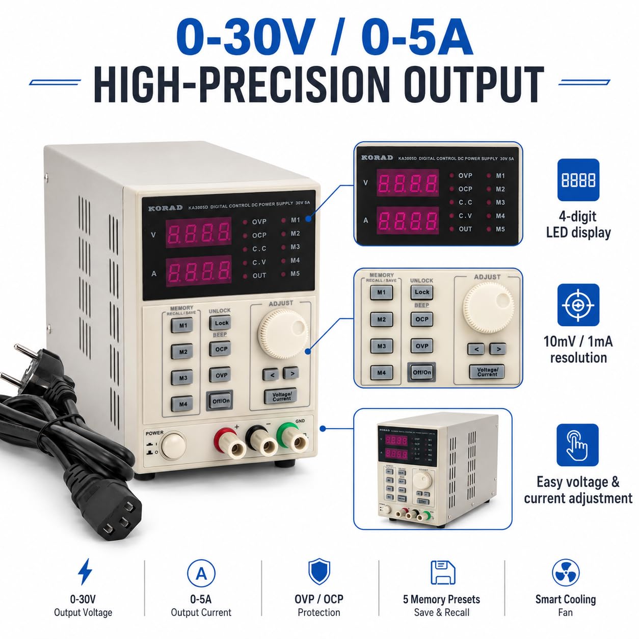 Alimentation de Laboratoire ka3005d 0-30V / 0-5A convertisseur de Tension | Contrôlable Alimentation Stabilisé e DC Réglable et Programmable avec Affichage LED à 4 Chiffres de Haute Précision