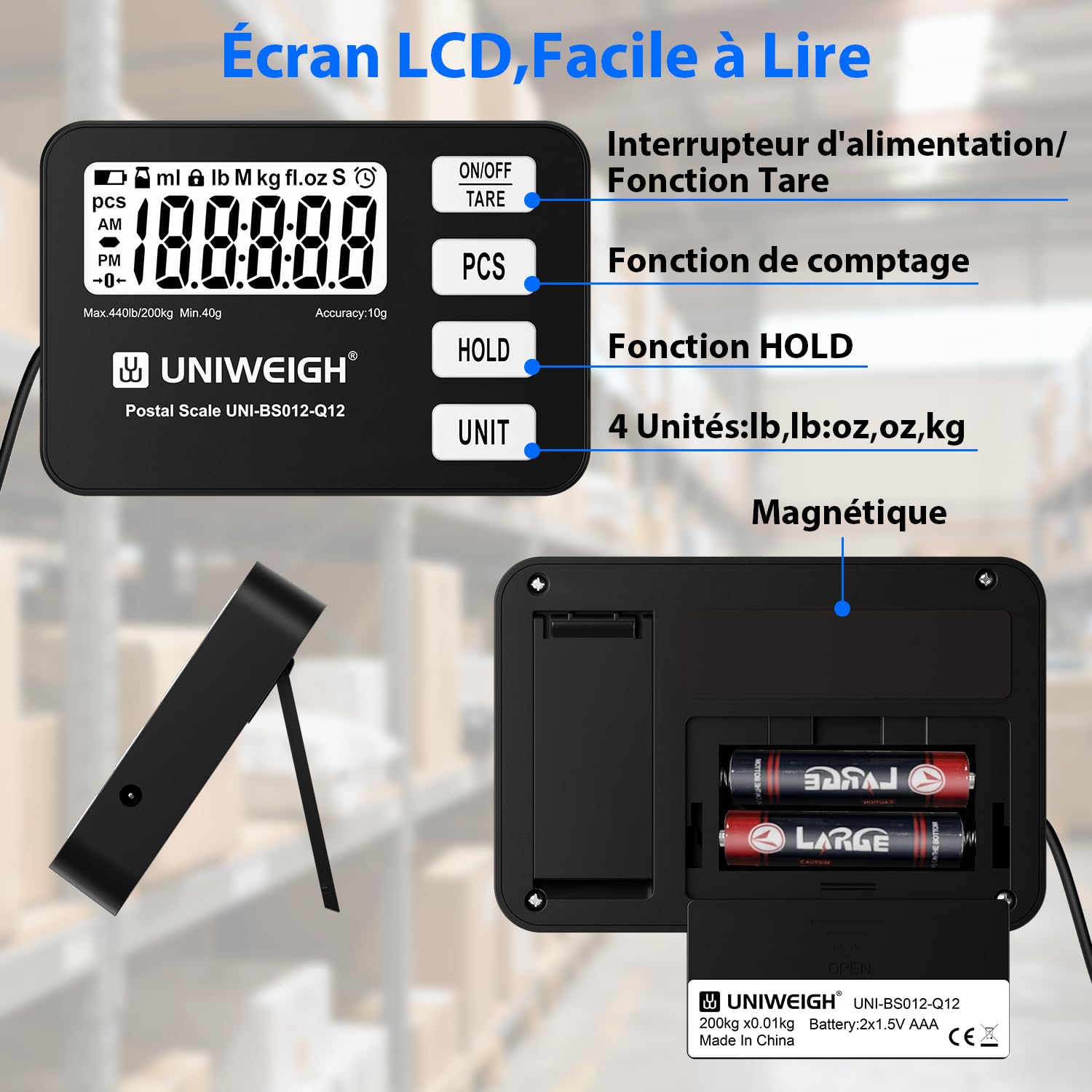 Balance de colis UNIWEIGH 200 kg/10 g numérique avec PCS/Hold/Tare