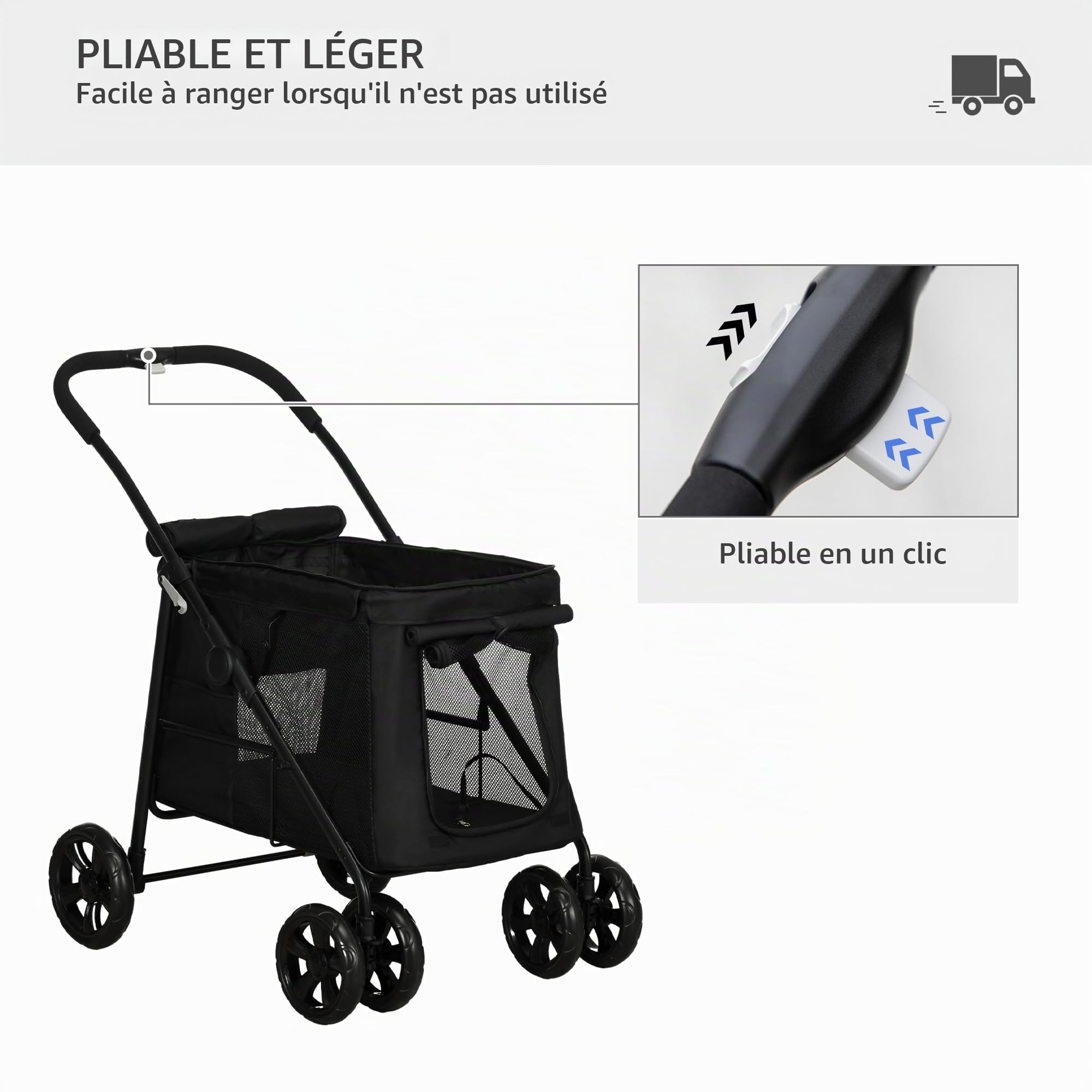 PawHut Poussette pliable avec coussin noir