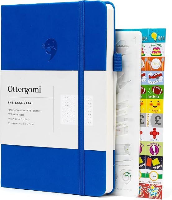 Ottergami Bullet Dotted Journal A5. Deluxe Vegan Notebook + 140 Journal Stickers for Scrapbooking. 6 Stencils for To Do List Bullet Journaling. 100gsm A5 Paper. The Essential