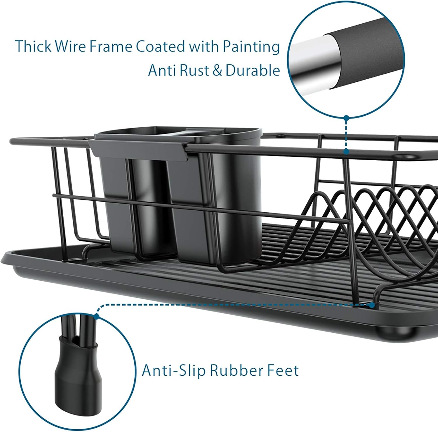 Ace Teah Dish Drying Rack, Small Dish Rack Drainer Set with Drain Board Tray, Compact Dish Drainer for Kitchen Counter, Black