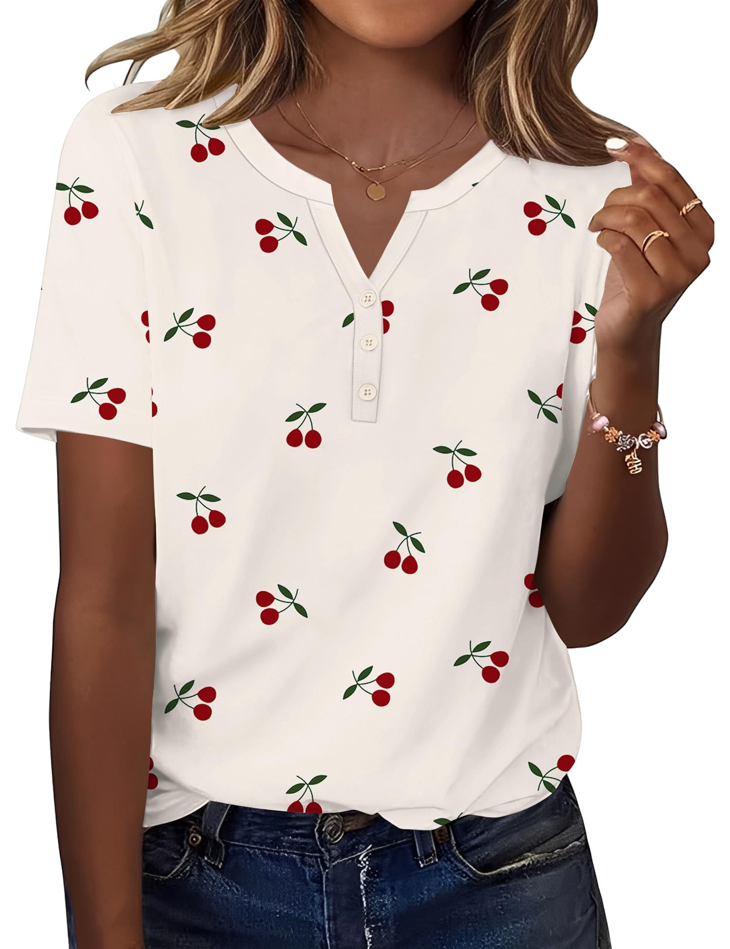 Kistore Tshirt Damen Elegant V Ausschnitt Kurzarm Bluse mit Knopf Sommer Leicht Mode Damenkleidung Lässig Büro Blusenshirt S-2XL