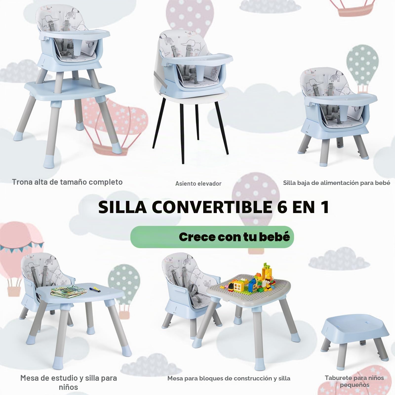 LIFEZEAL Trona para Niños de Polipropileno, Capacidad de Carga de 25 kg, Silla para Niños con Bandeja y Funda de Tela Extraíble, Trona Combinada con Cinturón de Seguridad, 7-36 Meses (Azul)