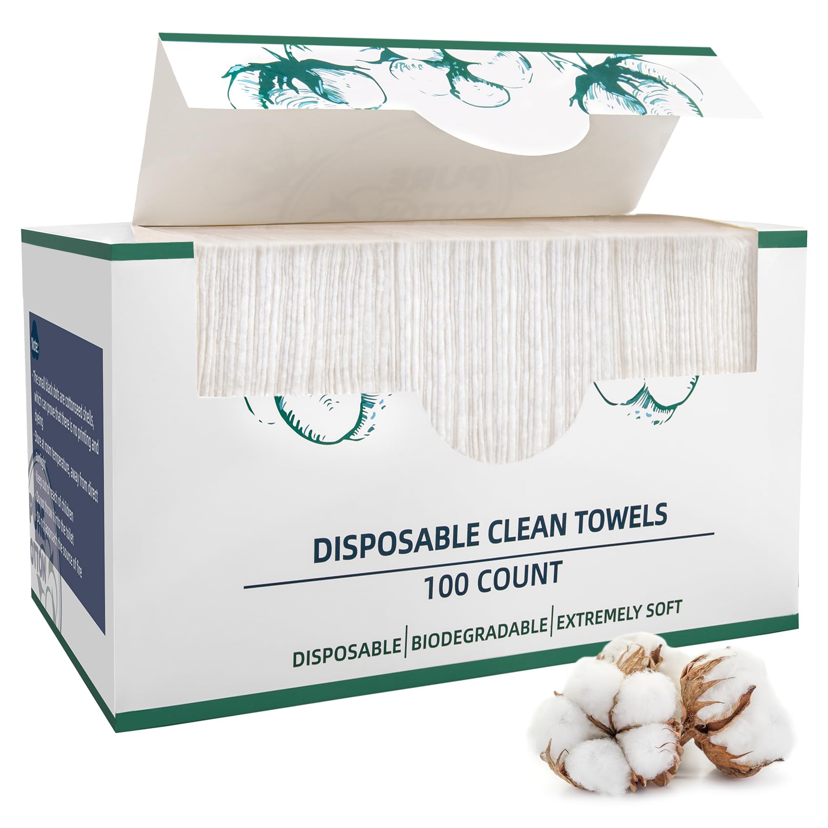 100 Count Disposable Face Towel, Face Towels 12 * 10 Inches Large Clean Towels Facial Towelettes Available for Sensitive Skin, Pure Cotton Single Use Biodegradable Thick Dry Wipe, 1 Pack