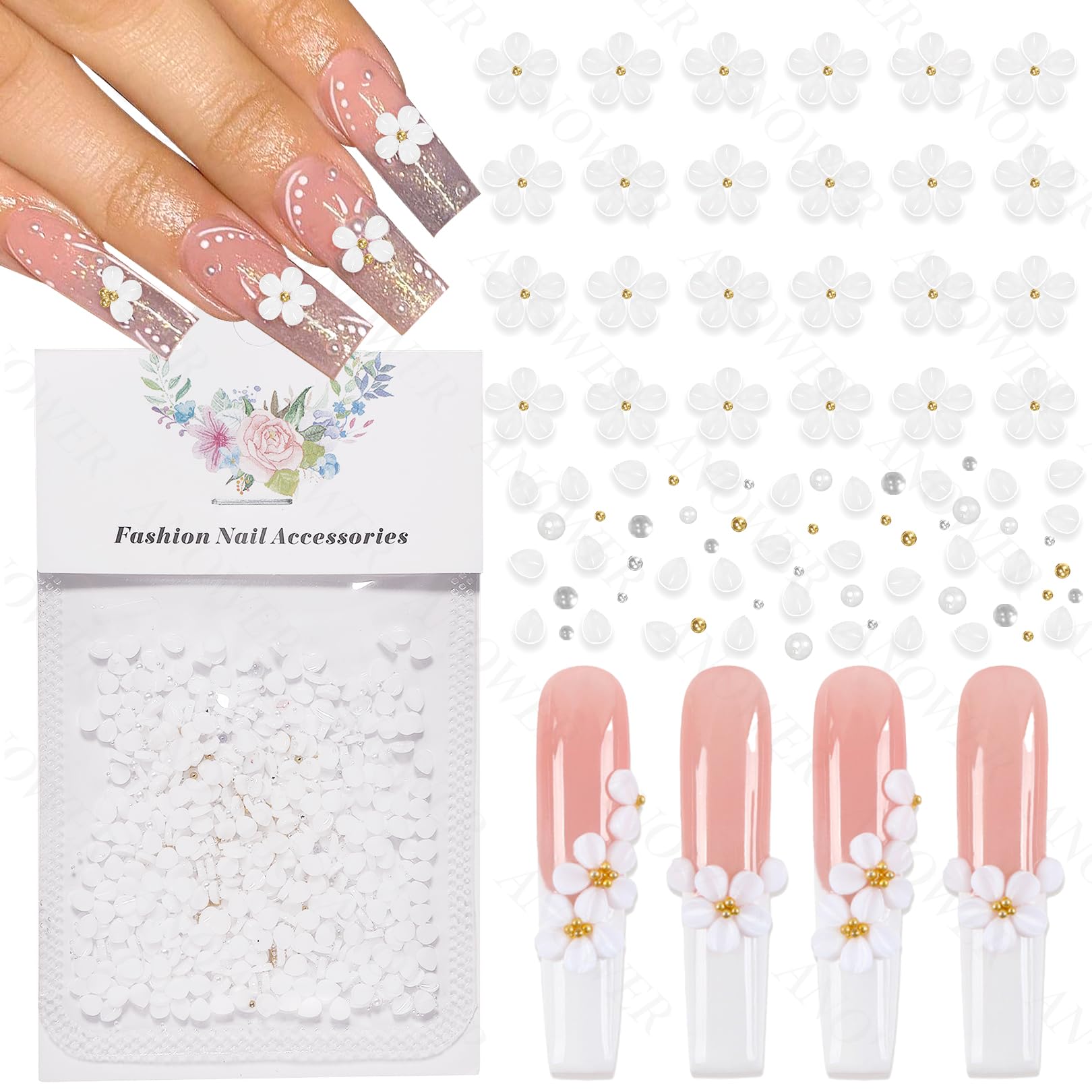 800 fiori bianchi 3D per unghie, fiori acrilici 3D per unghie, perline per unghie, gemme per unghie e strass floreali, strass, petali, cristalli acrilici, ciondoli per unghie