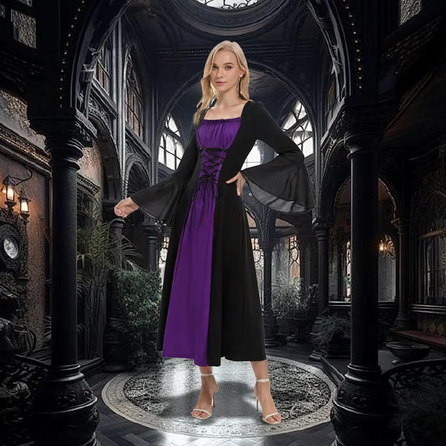 Renaissance Costume for Women,Medieval Dress with Trumpet Sleeves,Vampire Witch Gothic Dress for Halloween - Image 5