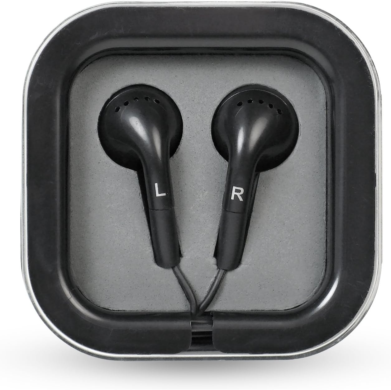 Close-up of the included earbuds with L and R markings