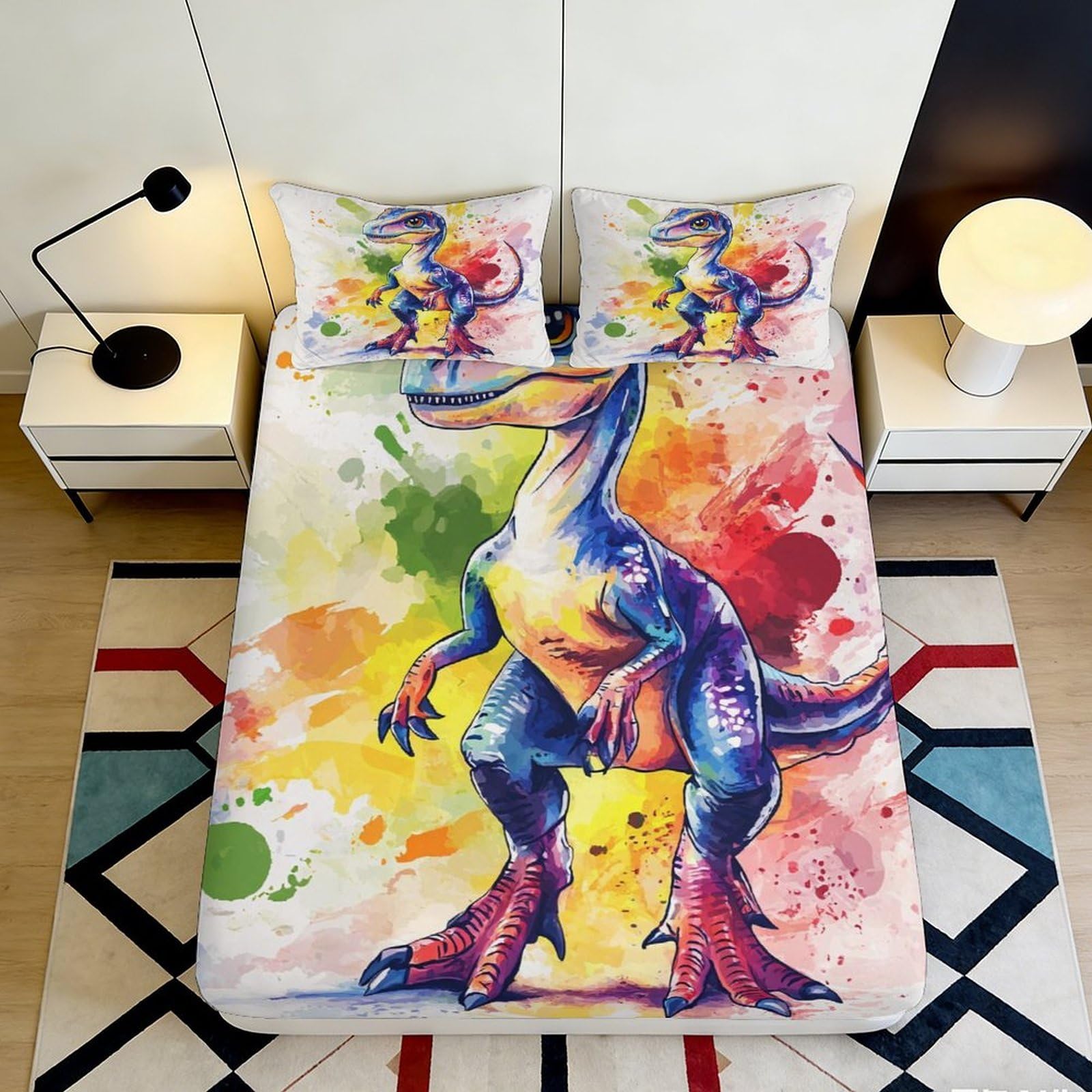 3D Printed Watercolor Dinosaur Fitted Sheet Microfiber Soft Mattress Cover Splash Art for Bedroom Guest Room 90x200x25cm