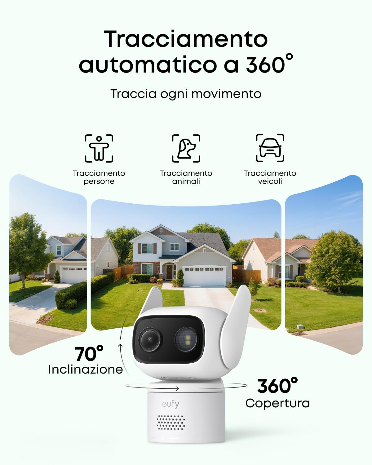 eufy C31 Cam 360° Pan/Tilt per Interni/Esterni, doppia antenna, visione notturna a colori. Registrazione 24/7 su memoria locale, nessun costo mensile. Rilevamento AI per persone/veicoli/animali/pianto