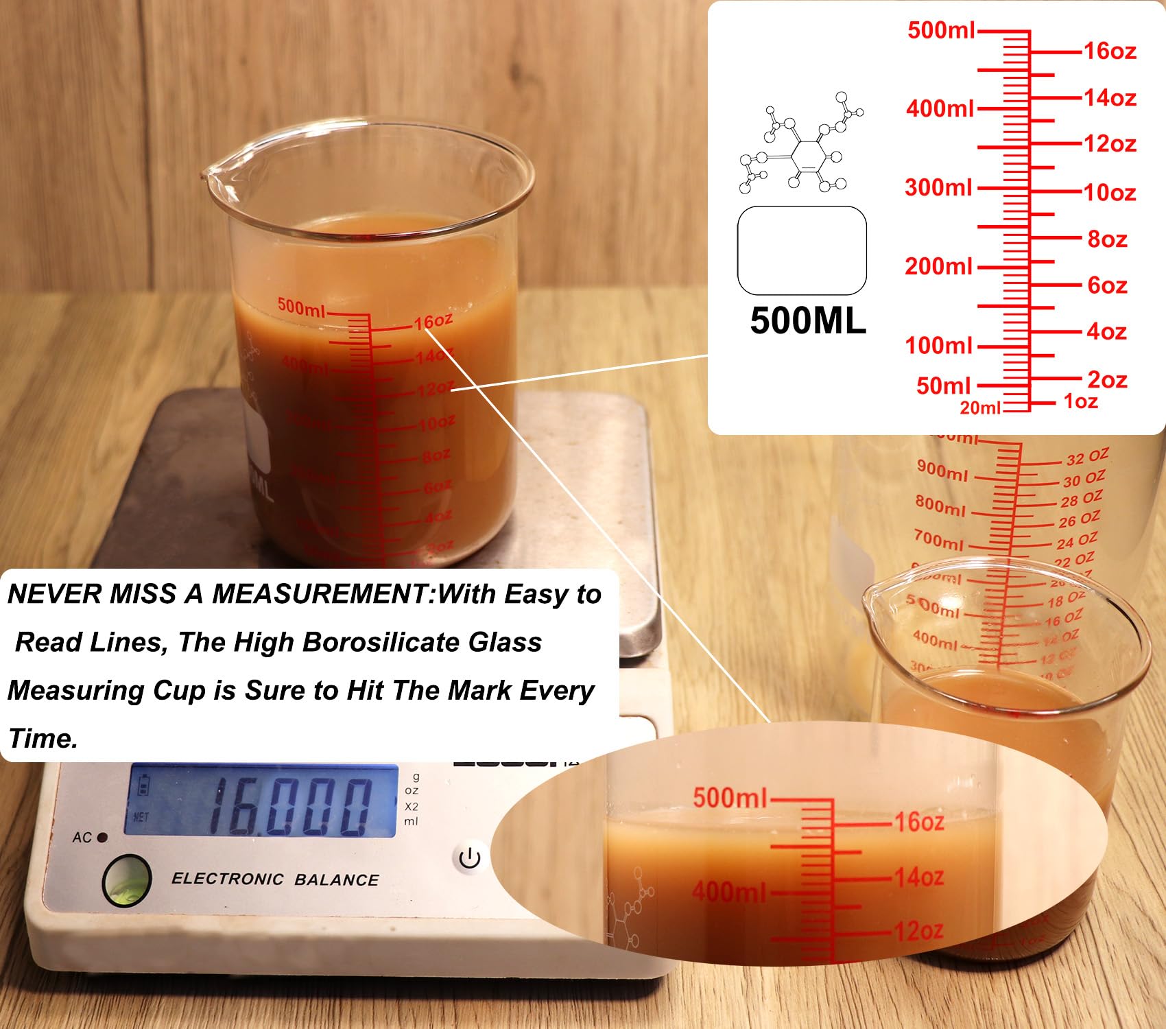 Vaso medidor de vidrio de borosilicato alto, boquilla en forma de V, vaso medidor de vidrio de 500 ml para cocina o restaurante, fácil de leer