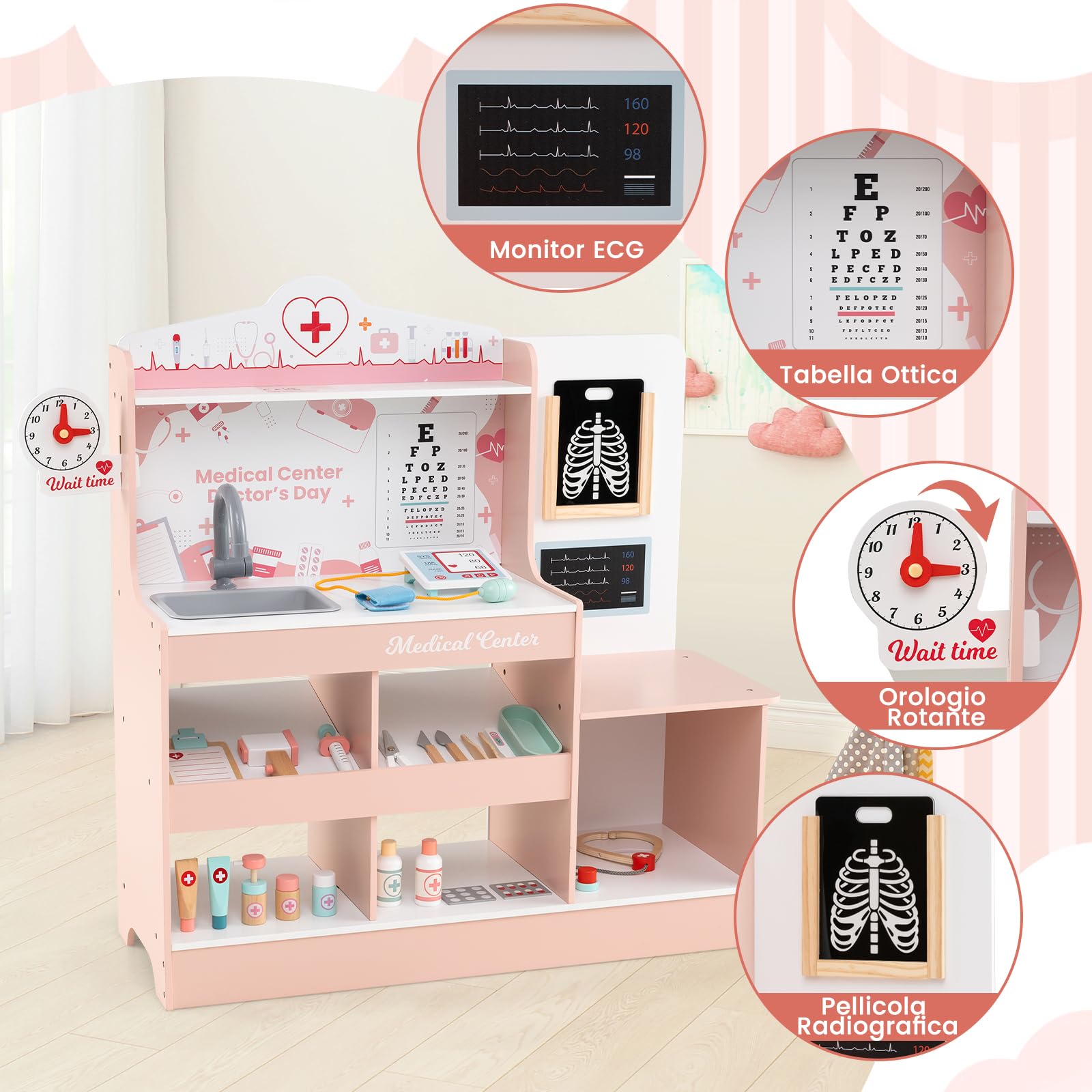 GYMAX Set da Gioco Medico in Legno, Gioco di Ruolo Medico con Stetoscopio, Monitor ECG, Pellicola a Raggi X, Monitor di Pressione Sanguigna, Area d'Esame, 24 Accessori (Rosa)