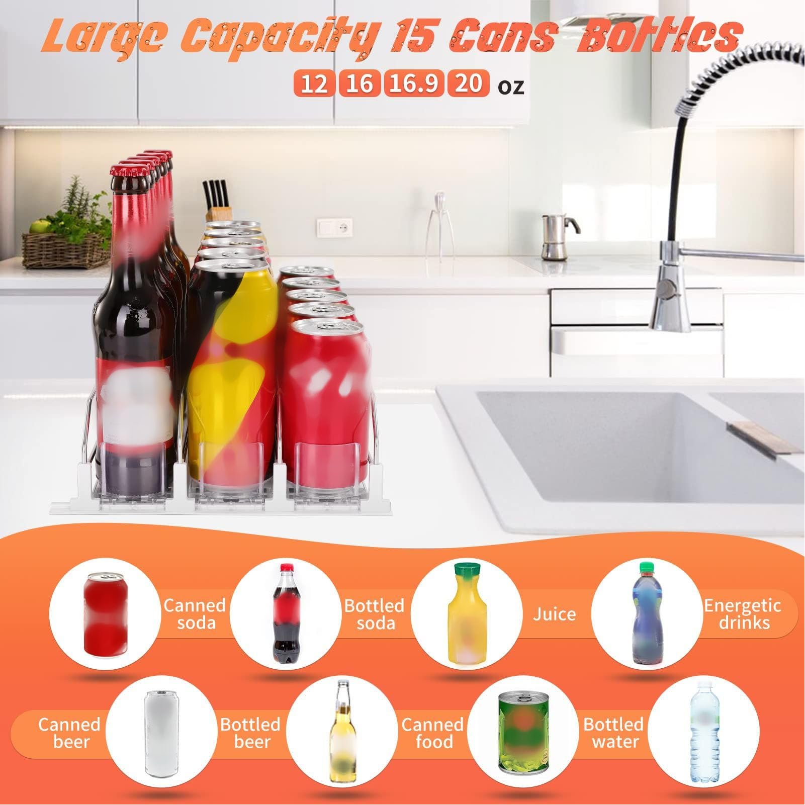 Organizador De Bebidas Para Nevera De 38 Cm Deslizamiento Automático De Empujador, Dispensador De Soda De Ancho Ajustable Para Refrigerador(Negro)