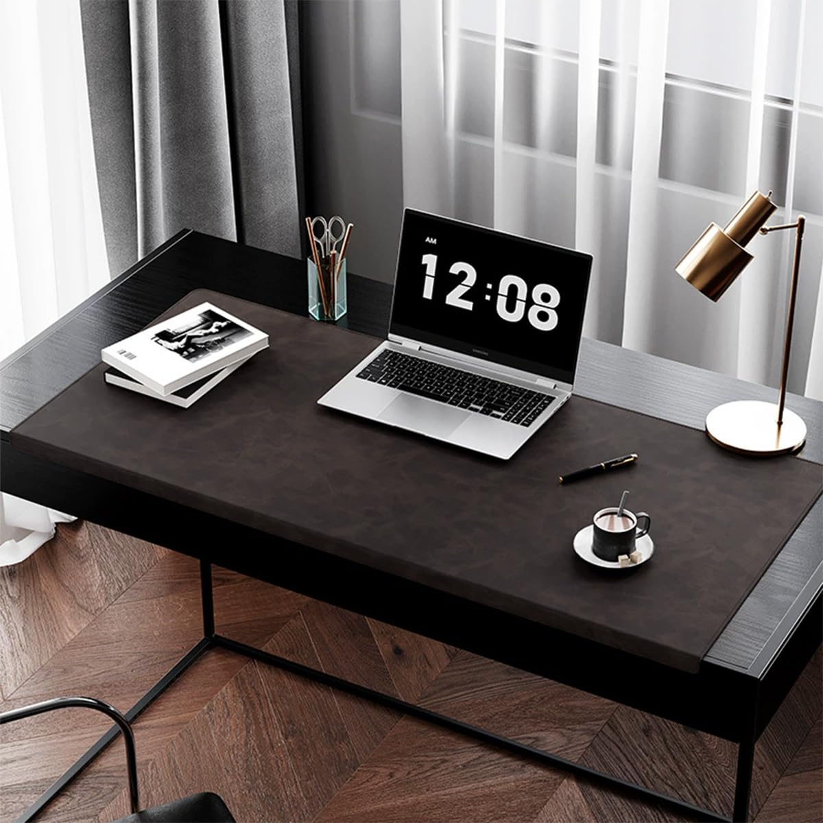 Leather Edge-Locked Desk Pad with Edge Protector, Office Extended Keyboard Mouse Mat for Work Typing, Waterproof Smooth Study Desk Writing Mat Table Blotter (Dark Coffee,90x43cm)
