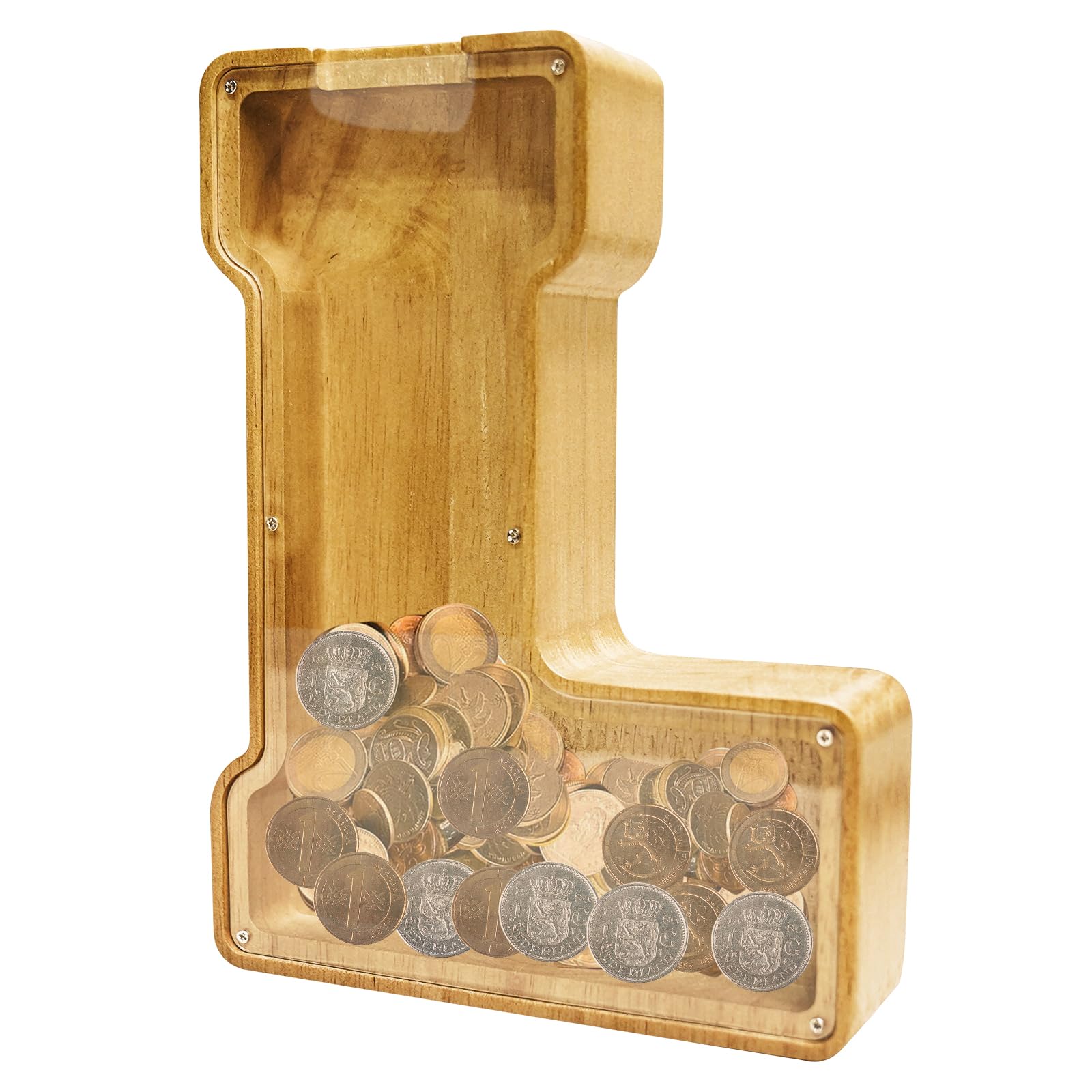 ANOTION 9" Large Piggy Bank for Kids, Wooden Letter Coin Bank for Boys Girls, Personalized Money Saving Bank Gifts for Birthday, Christmas (L)