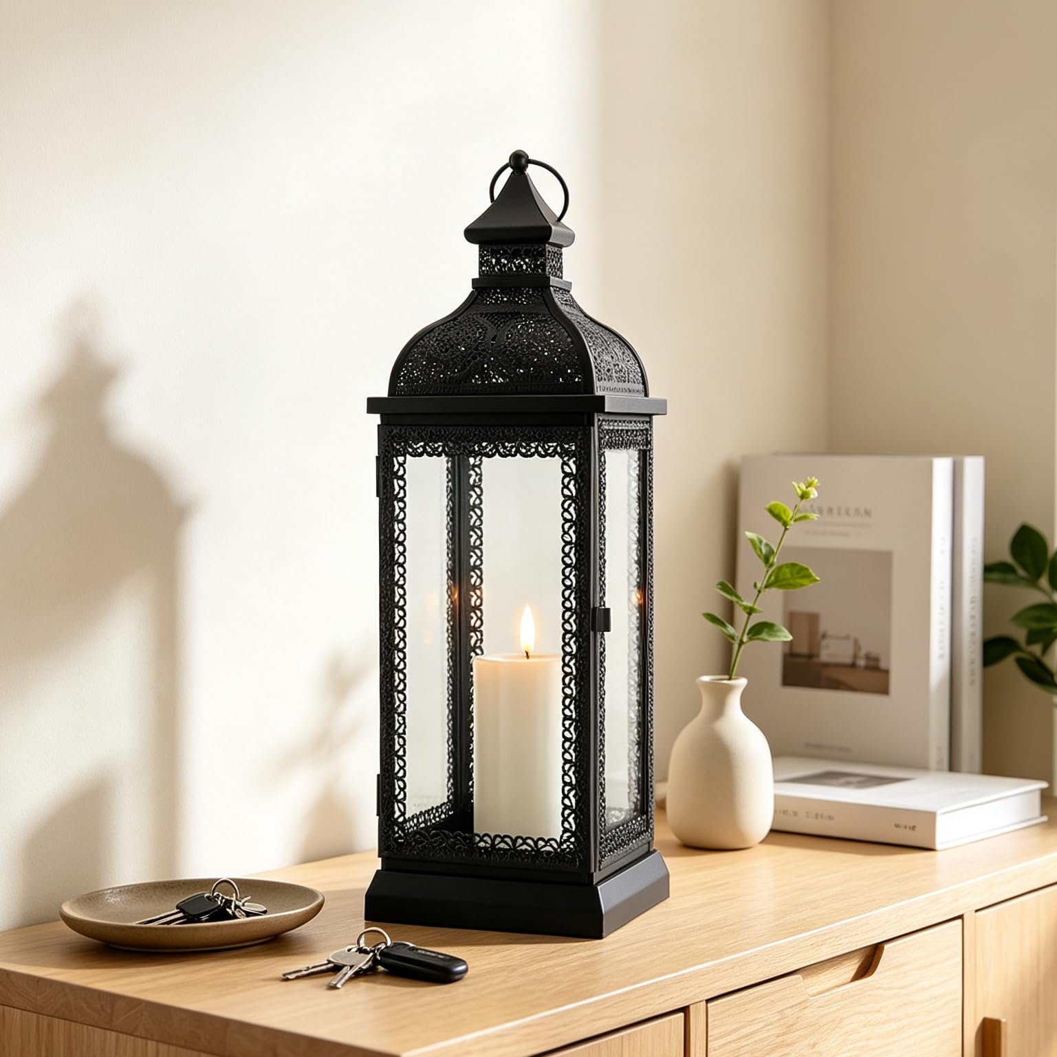 TRIROCKS Farol de Metal Estilo Rústico, Soporte de Vela Grande con Vidrio Templado para Acción de Gracias, Navidad, Sala, Jardín y Patio (Negro)