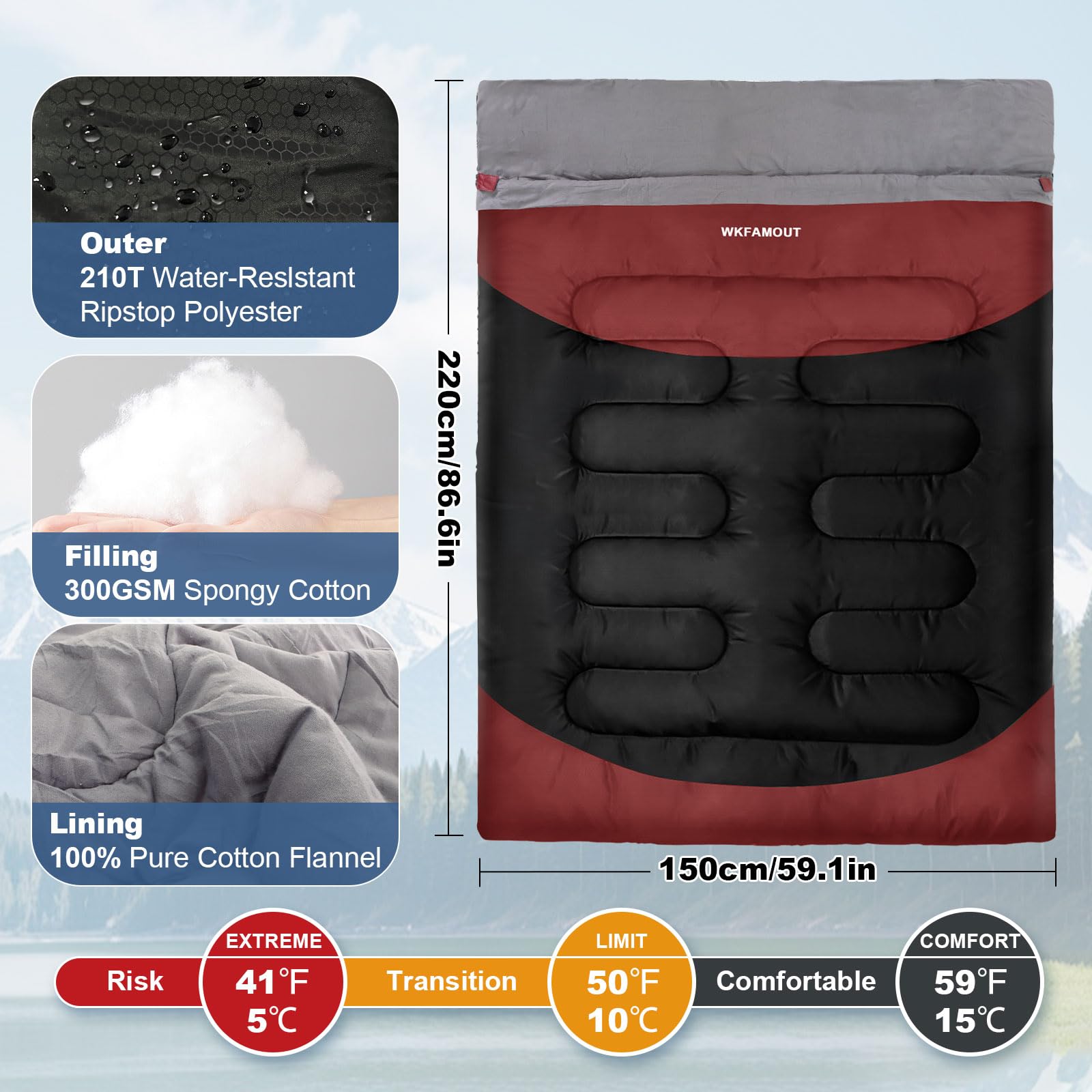 Sac De Couchage WKFAMOUT En Flanelle – Lavable En Machine, Ultraléger 1,25 Kg, Compressible – Pour Camping, Randonnée, Trekking – Température De Confort 15°C – 2 En 1 (gauche/droite)